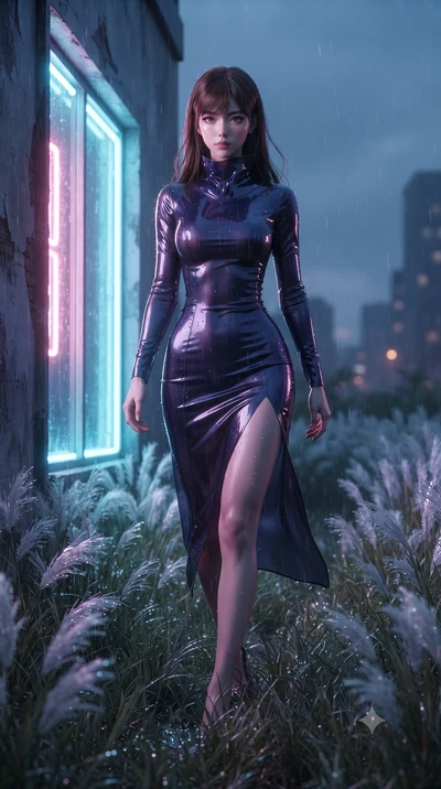 score_9, masterpiece, best quality, ultra-detailed, High-budget Anime Keyframe, editorial fashion photography, tasteful artistic composition, realistic cosplay photography, East Asian woman. Dynamic full-body shot stretching the vertical silhouette t