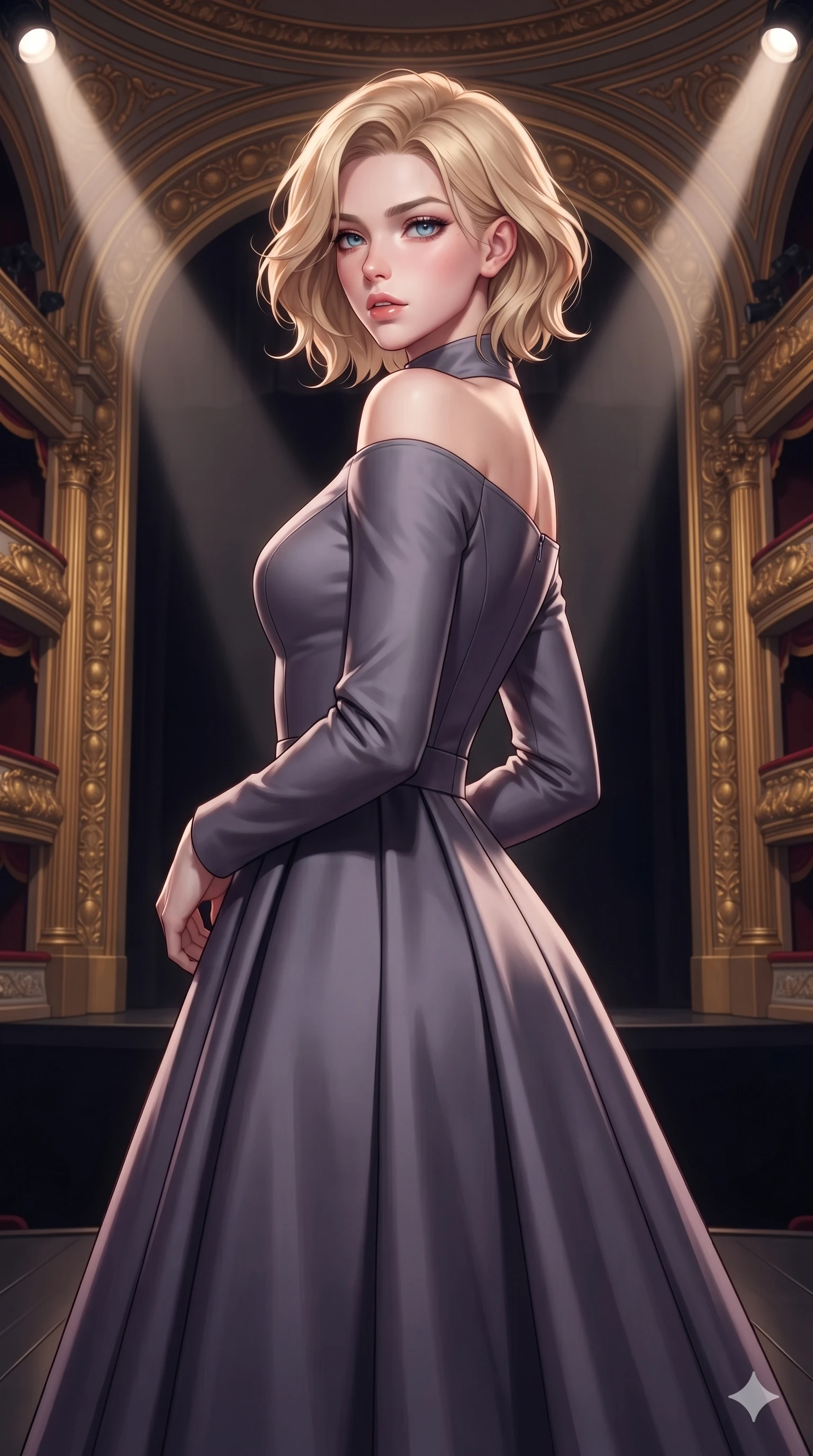 score_9, masterpiece, best quality, ultra-detailed, high-budget anime keyframe, semi-realistic 3D game render, editorial fashion photography, tasteful artistic composition, Caucasian woman. close-up cowboy shot from the waist and thighs up, the character dominates the composition, filling the frame with her large presence. turning over a bare shoulder with an intoxicating, teasing smile, her soft hair framing her sharp jawline as her hips angle gracefully in a captivating contrapposto while standing poised at the center of the dark lacquered stage beneath monumental gilded proscenium arches, arching her back with sovereign diva charisma as theatrical spotlights converge. The surrounding environment is rendered in vivid detail and crisp panoramic clarity: detailed anime keyframe lines, rich fabric textures, and monumental royal opera architecture in razor-sharp precision. She has an exceptionally elegant, slender, and willowy female figure with an ultra-slim waist, flat toned midriff, narrow ribcage, and sculpted feminine hips creating an alluring, slim hourglass silhouette without bulk. sharp v-shaped jawline, high-bridge nose, intricate jewel-like eyes with depth, thick eyelashes, glossy parted lips with a natural sheen, intensely captivating and seductive bedroom-eyes expression, flawlessly proportioned anatomical accuracy, strict slender model proportions, natural body alignment, perfectly sculpted long slender limbs, ultra-slim waistline, clean dynamic posture without body distortion. wearing a high-neck long-sleeve evening gown in structured silk mikado with a regal floor-sweeping A-line skirt in Highland heather violet and slate granite, tailored from water-resistant treated wool gabardine and flexible stretch silk, finished with sleek magnetic buckle closures fluttering in the breeze, the bespoke structured tailoring following the natural line of her 8.5-heads silhouette with refined elegance. highly saturated vibrant anime colors, dramatic stage rim lights sculpting her razor-sharp jawline and feminine curves. highly saturated vibrant anime colors, detailed shading with soft gradients, rich glossy textures, high-contrast stereoscopic depth, volumetric dynamic lighting, master piece, 9:16 ratio