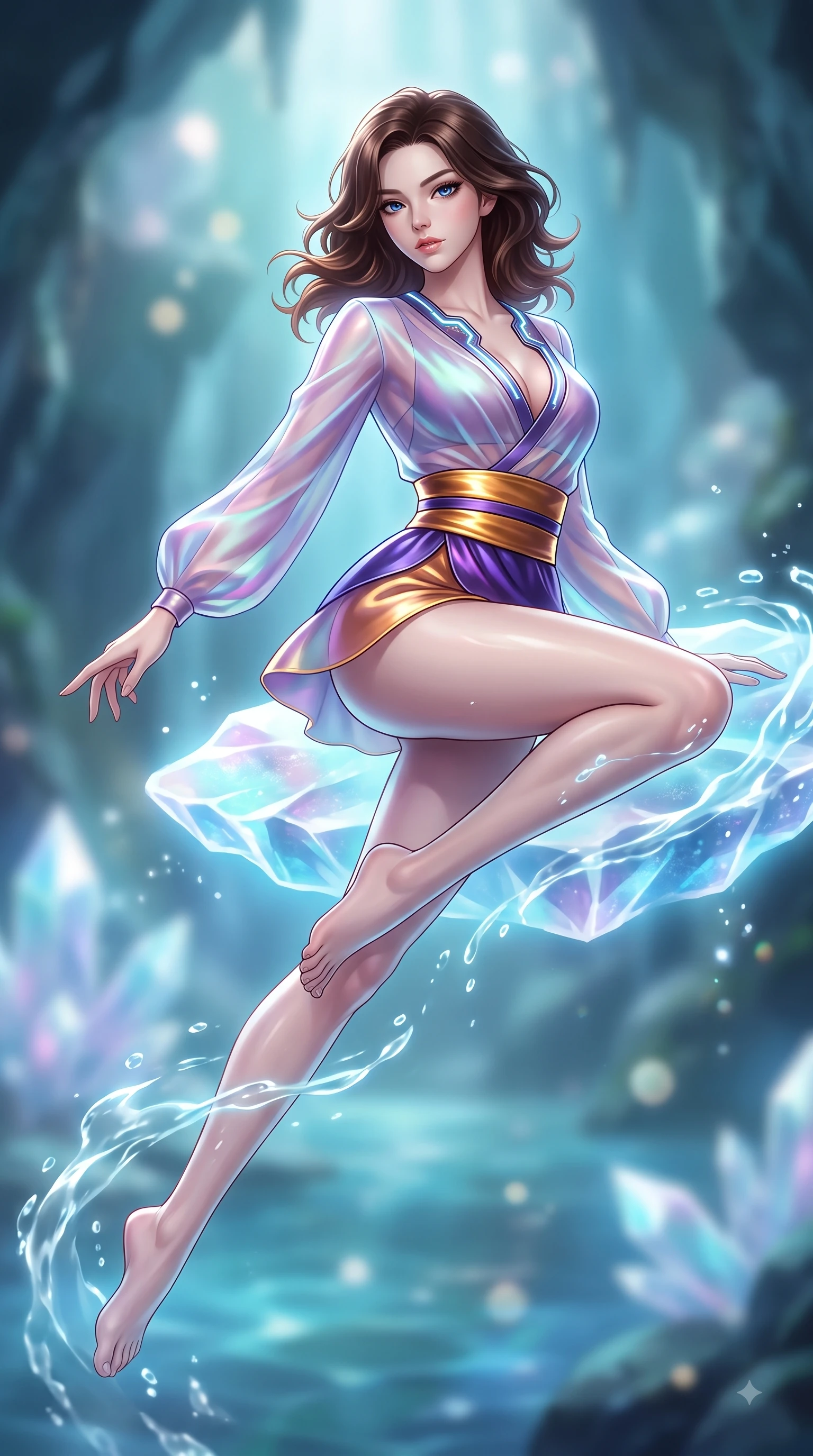 score_9, masterpiece, best quality, ultra-detailed, high-budget anime keyframe, semi-realistic 3D game render, editorial fashion photography, tasteful artistic composition, Korean woman. low angle full-body shot from head to toe showing her feet, filling the entire 9:16 vertical frame with her statuesque presence, stretching her vertical silhouette. leaping through mid-air with an athletic yet alluring arch of her spine, her impossibly long slender legs stretched in flawless poise while reclining gracefully on a glowing crystal formation as luminescent water ripples around her limbs. The composition keeps background elements in soft focus with creamy bokeh. luminescent water mist and crystal refractions softened by creamy shallow focus. She has an absolutely perfect, statuesque 8.5-heads proportion, an exceptionally tall and slender model-like female figure with impossibly long slender legs and an ultra-slim waist. sharp v-shaped jawline, high-bridge nose, intricate jewel-like eyes with depth, thick eyelashes, glossy lips with a natural sheen, flawlessly proportioned anatomical accuracy, natural body alignment, perfectly sculpted elegant limbs, clean dynamic posture without body distortion. wearing a shortened cyber-fusion wrap top with transparent chiffon panels, a deep crossover neckline, and a high-waisted metallic sash that accentuates her ultra-slim waist in lustrous molten gold and pure deep violet, made of smooth iridescent silk chiffon that shifts colors with movement, featuring a dangerously unzipped neckline framed by glowing cybernetic accents, the sleek aerodynamic cut emphasizing her magnetic presence and alluring physical grace. surrounded by a mysterious, pristine, and alluringly cool aquatic grotto atmosphere. highly saturated vibrant anime colors, detailed shading with soft gradients, rich glossy textures, high-contrast stereoscopic depth, volumetric dynamic lighting, master piece, 9:16 ratio