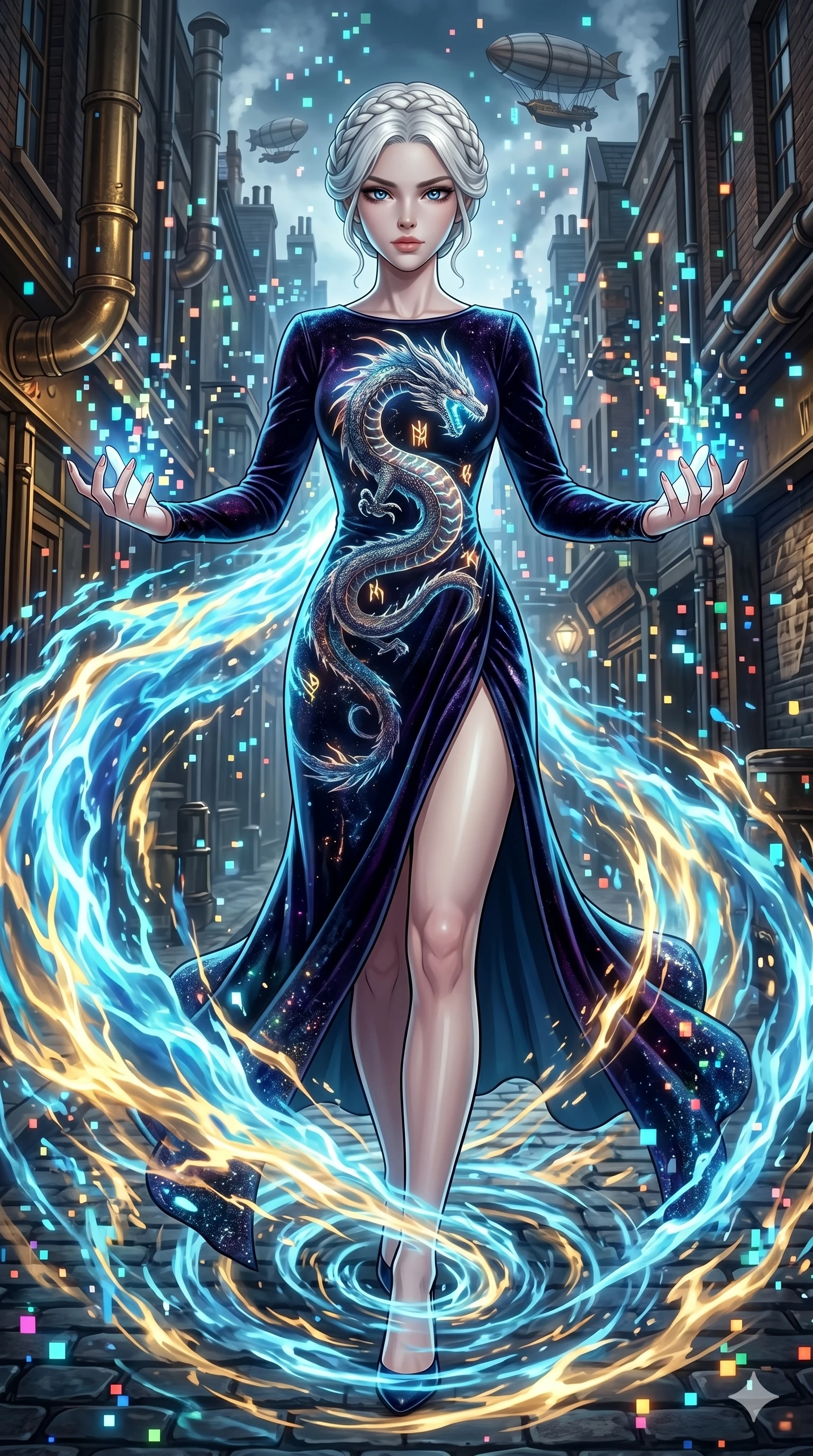score_9, masterpiece, best quality, ultra-detailed, Set A: High-budget Anime Keyframe, Caucasian (human ears) woman. Low angle cowboy shot filling the entire 9:16 frame with her statuesque presence. Theme: Primal Nature. unleashing a massive energy wave in a steampunk London alleyway, as she steps on ripples of time that distort the space 211. The atmosphere is filled with a blizzard of digital pixels. She has an absolutely perfect 8-heads proportion, an exceptionally tall and slender female figure with impossibly long slender legs and an ultra-slim waist. Sharp v-shaped jawline, high-bridge nose, intricate jewel-like eyes with depth, glossy lips. Wearing slit velvet gown with integrated holographic projection of a dragon. Cinematic lighting, vivid colors, dramatic shadows, 2k, ultra detail, master piece, 9:16 ratio
