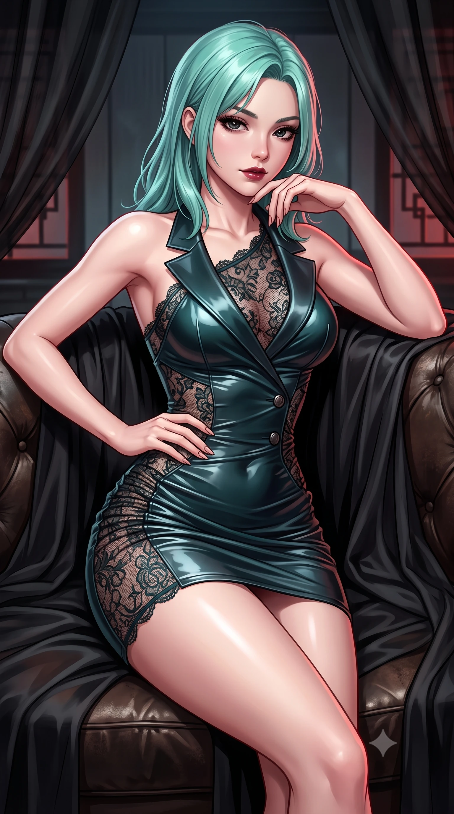 score_9, masterpiece, best quality, ultra-detailed, high-budget anime keyframe, semi-realistic 3D game render, editorial fashion photography, tasteful artistic composition, Japanese woman. close-up cowboy shot from the waist and thighs up, the character dominates the composition, filling the frame with her large presence. leaning back against the leather lounge with relaxed seductive grace, one hand resting on her flat midriff as her narrow waist and curvy hips command the frame while lounging in a private booth draped in black sheer silk, resting her chin on her fingers while gazing directly into the camera with bedroom-eyes. The surrounding environment is rendered in vivid detail and crisp panoramic clarity. detailed garment weave, glossy lips sheen, and contemporary oriental interior architecture in high clarity. She has an exceptionally elegant, slender, and willowy female figure with an ultra-slim waist, flat toned midriff, narrow ribcage, and sculpted feminine hips creating an alluring, slim hourglass silhouette without bulk. sharp v-shaped jawline, high-bridge nose, intricate jewel-like dark sparkling eyes with dangerous depth, thick curled eyelashes, glossy parted lips with a rich wine sheen, smoldering seductive half-smile with bedroom-eyes, exuding effortless superiority and intoxicating dark allure, flawlessly proportioned anatomical accuracy, strict slender model proportions, natural body alignment, perfectly sculpted long slender limbs, ultra-slim waistline, clean dynamic posture without body distortion. wearing a liquid-look vinyl mini dress with an asymmetric neckline and hip-defining side ruching in deep forest teal and dark gunmetal, crafted from sheer delicate Chantilly lace with intricate gothic floral motifs, finished with sharp tailored peak lapels and subtle horn button accents, the form-fitting cut adhering flawlessly to her sculpted flat midriff and slender torso, emphasizing her long leg lines and perfectly proportioned willowy build. illuminated by sharp specular highlights on skin and dark scarlet rim light sculpting her sculpted midriff, narrow waist, and curvy hips. highly saturated vibrant anime colors, detailed shading with soft gradients, rich glossy textures, high-contrast stereoscopic depth, volumetric dynamic lighting, master piece, 9:16 ratio