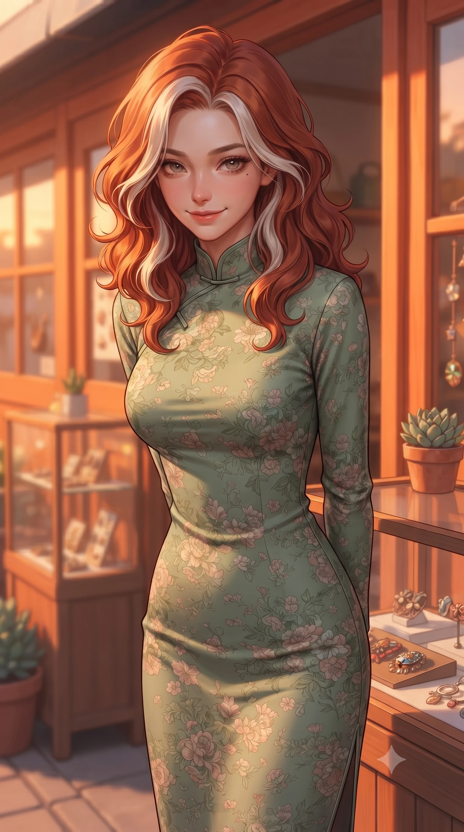 score_9, masterpiece, best quality, ultra-detailed, high-budget anime keyframe, editorial fashion photography, tasteful artistic composition, Caucasian woman. close-up cowboy shot from the waist and thighs up, the character dominates the composition, filling the frame with her large presence, background elements kept in soft focus. tilting her chin down slightly, looking up at the viewer with a sweet, charming smile set against a soft-focus background of in front of a small handmade accessory boutique with glass showcases holding a small potted succulent with a delighted, cute expression. She has an exceptionally elegant, slender, and willowy female figure with an ultra-slim waist, a gracefully sculpted slender torso, and a refined silhouette. sharp v-shaped jawline, high-bridge nose, intricate jewel-like eyes with depth, thick eyelashes, glossy lips with a natural sheen. wearing form-contouring lovely floral print midi dress in sage green, featuring a high collar and long sleeves. cozy golden hour sunset light painting the wooden shopfronts in orange. highly saturated vibrant anime colors, detailed shading with soft gradients, rich glossy textures, high-contrast stereoscopic depth, volumetric dynamic lighting, master piece, 9:16 ratio