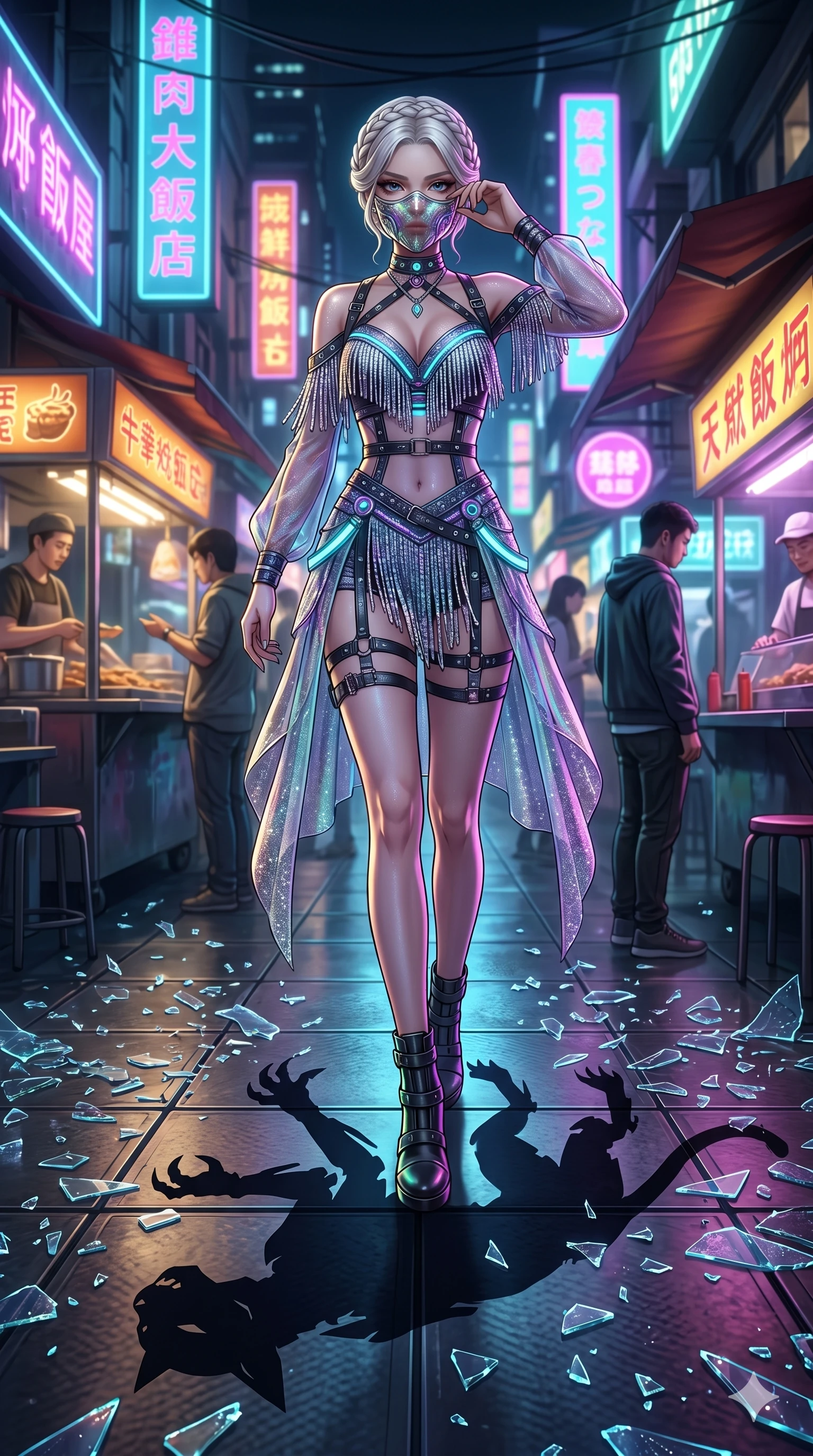 score_9, masterpiece, best quality, ultra-detailed, Set A: High-budget Anime Keyframe, Caucasian (strictly human ears) woman. Low angle cowboy shot filling the entire 9:16 frame with her statuesque presence. Adjusting a mask through a futuristic night market, while her shadow mimics the movements of a predator 175 and surrounded by shattered glass fragments. She has an absolutely perfect 8-heads proportion, an exceptionally tall and slender female figure with impossibly long slender legs and an ultra-slim waist. Sharp v-shaped jawline, high-bridge nose, intricate jewel-like eyes with depth, thick eyelashes, glossy lips with a natural sheen. Wearing Cyberpunk idol stage outfit with glittery fringes, leather straps, and glowing LED accents. Cinematic lighting, vibrant colors, dramatic shadows, 2k, ultra detail, master piece, 9:16 ratio