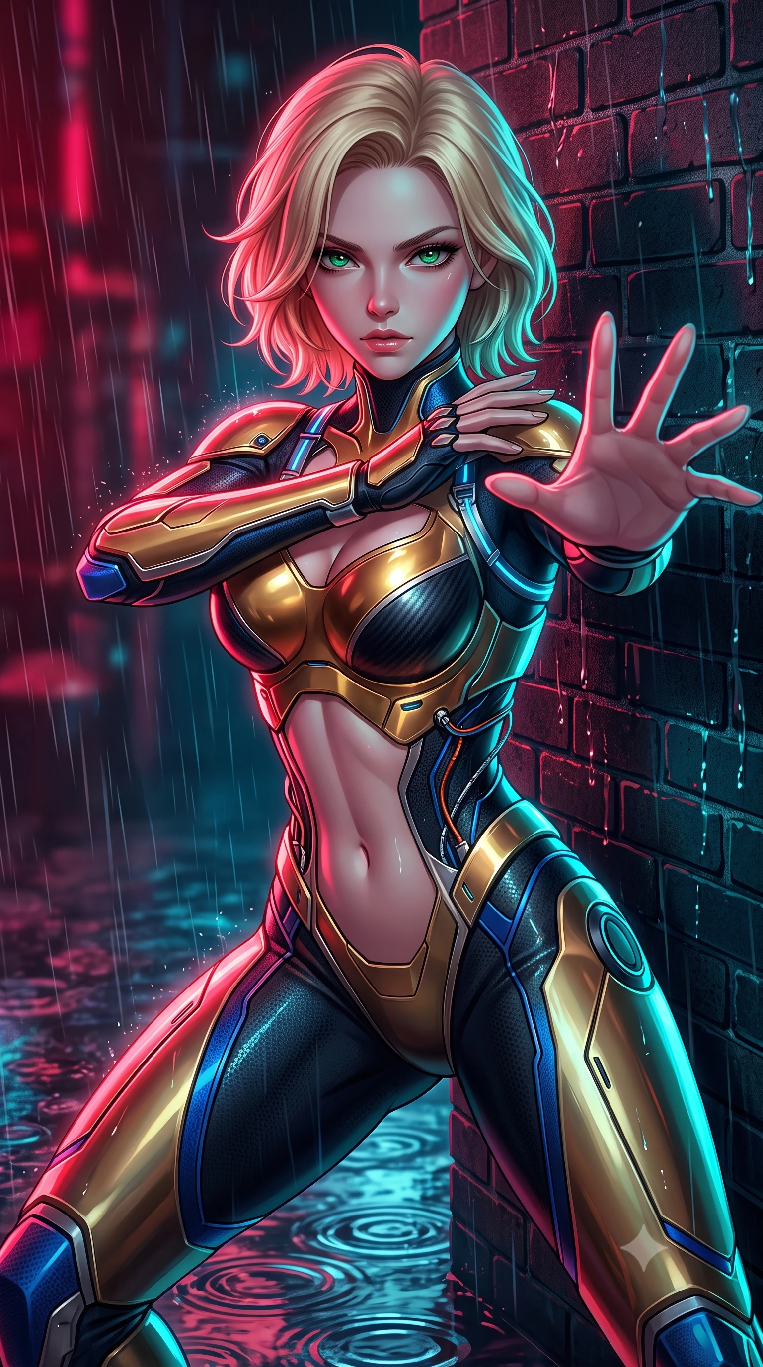 score_9, masterpiece, best quality, ultra-detailed, high-budget anime keyframe, semi-realistic 3D game render, editorial fashion photography, tasteful artistic composition, Caucasian woman. close-up cowboy shot from the waist and thighs up, the character dominates the composition, filling the frame with her large presence. in a razor-sharp Panzer Kunst fighting guard, one hand extended with palm open in fluid kinetic tension, captivating jewel-like eyes locked onto the viewer with dangerous focus while leaning against a rain-streaked brick wall with arms crossed loosely, casting a smoldering, haughty gaze into the lens. The surrounding environment is rendered in vivid detail and crisp panoramic clarity. intricate cybernetic conduit wires on armor, electric arc discharge filaments, and puddle ripples in high resolution. She has an exceptionally elegant, slender, and willowy female figure with an ultra-slim waist, a gracefully sculpted slender torso, toned flat midriff, and a refined slim silhouette. sharp v-shaped jawline, high-bridge nose, intricate jewel-like eyes with depth, thick eyelashes, glossy lips with a natural sheen, flawlessly proportioned anatomical accuracy, strict slender model proportions, natural body alignment, perfectly sculpted long slender limbs, ultra-slim waistline, clean dynamic posture without body distortion. wearing a sculpted molten-gold and dark carbon cuirass paired with high-mobility combat leggings and kinetic energy channels in electric cobalt blue carbon with polished platinum trim, made of lightweight aerodynamic carbon-titanium alloy with polished edge bevels, reinforced by a sleek titanium kinetic harness and glowing micro-energy straps, the precision-cut daring openings accentuating her delicate midriff, graceful bare collarbones, and ultra-slim feminine waistline. bathed in vivid high-contrast neon crimson and deep cyan ambient rim lighting. rich saturated anime colors with glowing neon highlights, detailed shading with soft gradients, rich glossy textures, high-contrast stereoscopic depth, volumetric dynamic lighting, master piece, 9:16 ratio