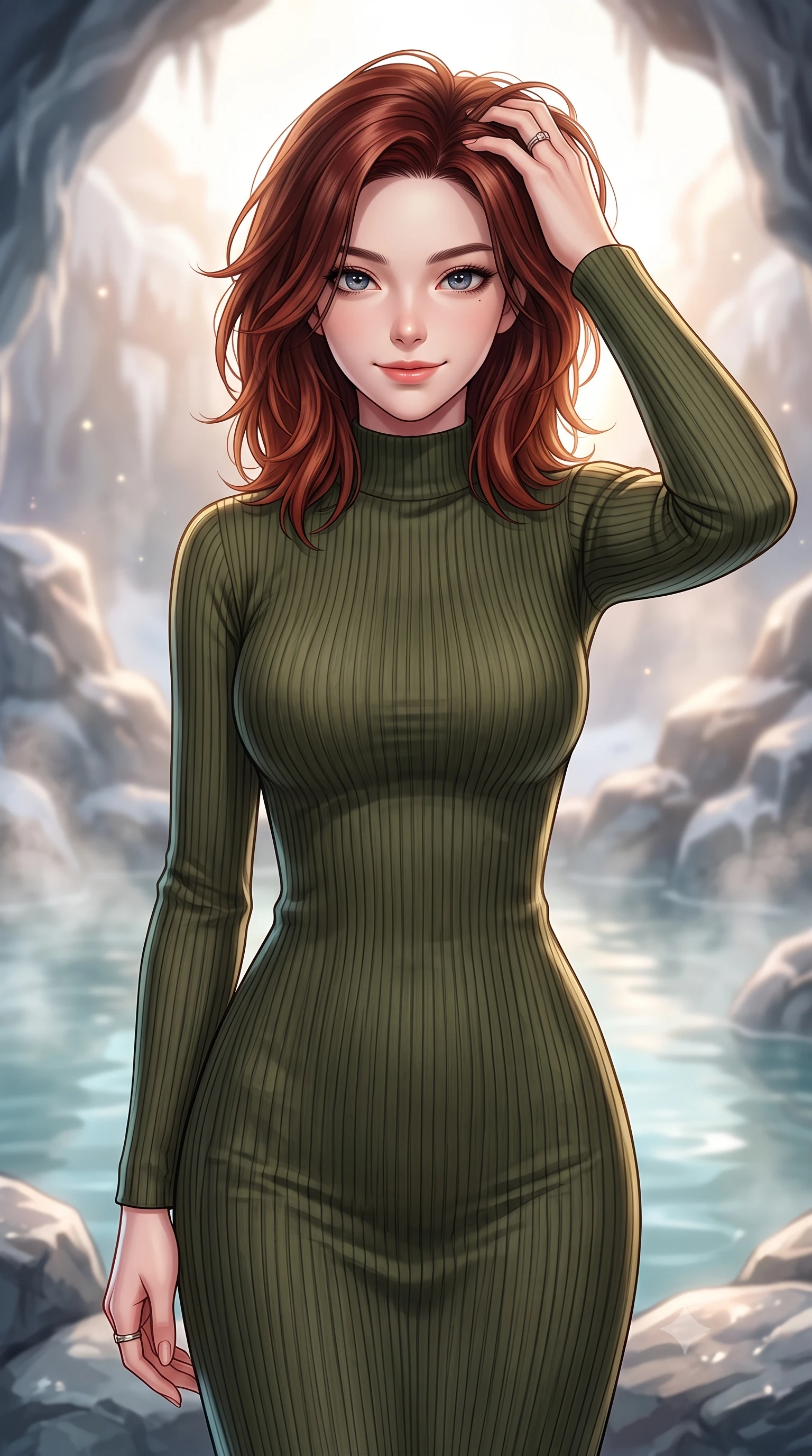 score_9, masterpiece, best quality, ultra-detailed, high-budget anime keyframe, editorial fashion photography, tasteful artistic composition, Korean woman. close-up cowboy shot from the waist and thighs up, the character dominates the composition, filling the frame with her large presence, background elements kept in soft focus. slowly running a hand through her hair, smiling with quiet, magnetic self-assurance directly into the camera, the background shows a soft-focus an ice cave hot spring pool with mineral steam rising around rocks. She has an exceptionally elegant, slender, and willowy female figure with an ultra-slim waist, a gracefully sculpted slender torso, and a refined silhouette. sharp v-shaped jawline, high-bridge nose, intricate jewel-like eyes with depth, thick eyelashes, glossy lips with a natural sheen. wearing a tailored body-hugging ribbed carbon-fiber knit bodycon midi dress in olive green, featuring a snug mock-neck. soft morning mist diffusing the warm starlight, creating a tranquil wash. highly saturated vibrant anime colors, detailed shading with soft gradients, rich glossy textures, high-contrast stereoscopic depth, volumetric dynamic lighting, master piece, 9:16 ratio
