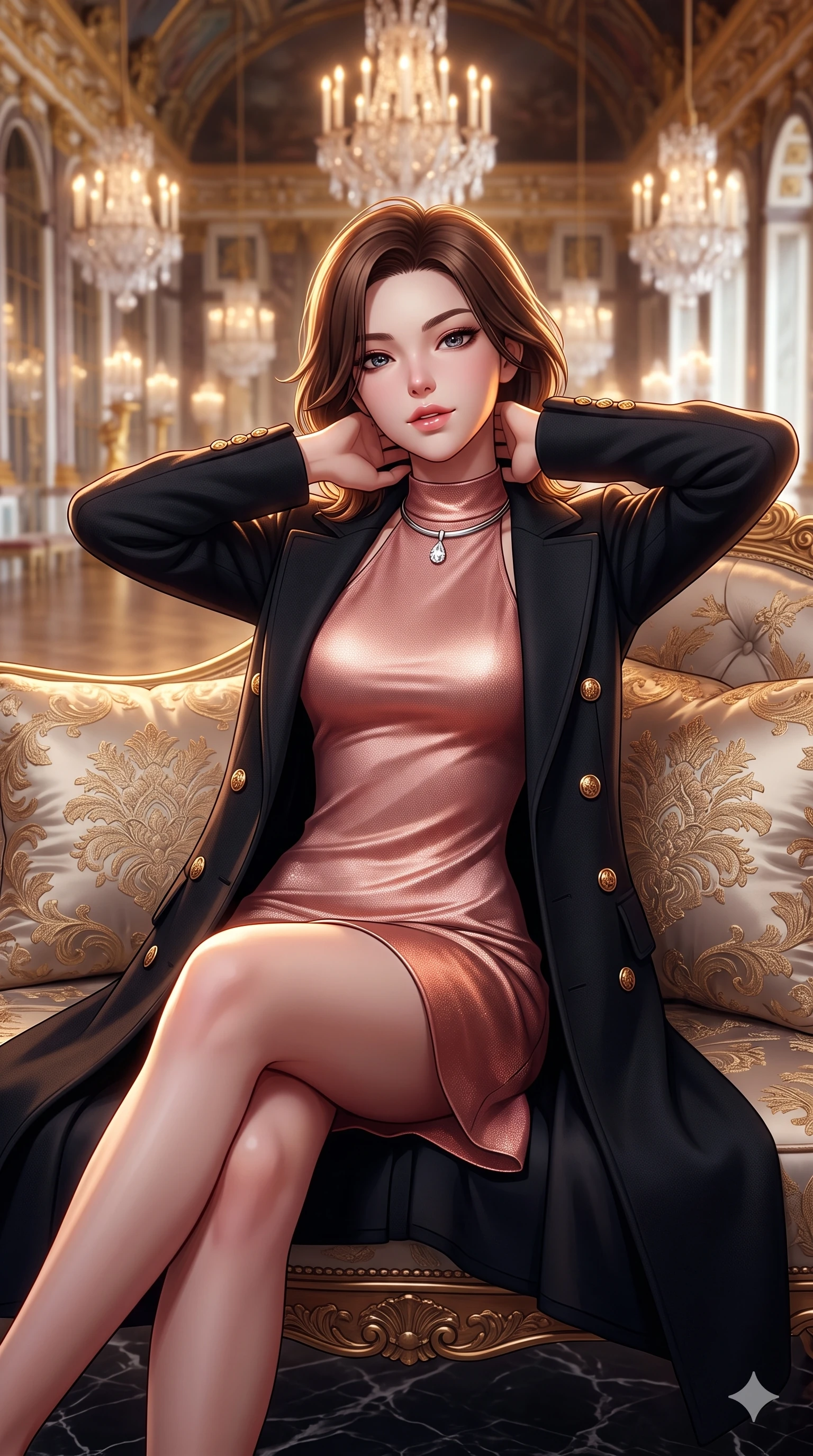 score_9, masterpiece, best quality, ultra-detailed, high-budget anime keyframe, semi-realistic 3D game render, editorial fashion photography, tasteful artistic composition, Korean woman. close-up cowboy shot from the waist and thighs up, the character dominates the composition, filling the frame with her large presence. resting both hands lightly behind her neck with elbows raised, arching her spine to highlight her narrow waist, flat midriff, and breathtaking collarbones while lounging in an embroidered silk divan propped on one elbow with legs crossed, flashing an intoxicating smile with parted glossy lips as crystal chandeliers sparkle. The background shows a soft-focus grand ballroom champagne haze softened in historic Bund loggia shallow focus. She has an exceptionally elegant, slender, and willowy female figure with an ultra-slim waist, flat toned midriff, narrow ribcage, and sculpted feminine hips creating an alluring, slim hourglass silhouette without bulk. sharp v-shaped jawline, high-bridge nose, intricate jewel-like sparkling eyes with depth, thick eyelashes, glossy parted lips with a natural sheen, intensely captivating and seductive bedroom-eyes expression, exuding both youthful cute charm and sovereign luxury allure, flawlessly proportioned anatomical accuracy, strict slender model proportions, natural body alignment, perfectly sculpted long slender limbs, ultra-slim waistline, clean dynamic posture without body distortion. wearing a structured Belle Époque cashmere opera greatcoat with polished brass crest buttons layered over a high-neck slip in rose-quartz blush and burnished copper, woven from high-density tech-wool with subtle metallic thread weave, finished with a minimalist chrome choker and a single teardrop diamond pendant, the impeccably tailored cut draping gracefully along her slender figure with aristocratic poise. illuminated by black marble floor reflections and sharp gold-amber rim lights sculpting her razor-sharp jawline, narrow waist, and curvy hips. highly saturated vibrant anime colors, detailed shading with soft gradients, rich glossy textures, high-contrast stereoscopic depth, volumetric dynamic lighting, master piece, 9:16 ratio