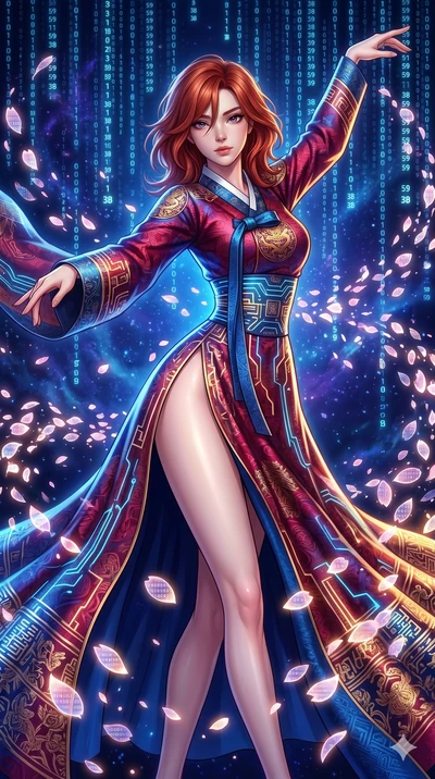score_9, masterpiece, best quality, ultra-detailed, Set A: High-budget Anime Keyframe, Korean woman. Upper body close-up from the thighs up, character filling the screen for maximum presence. Dancing through a virtual reality void, while a digital bl