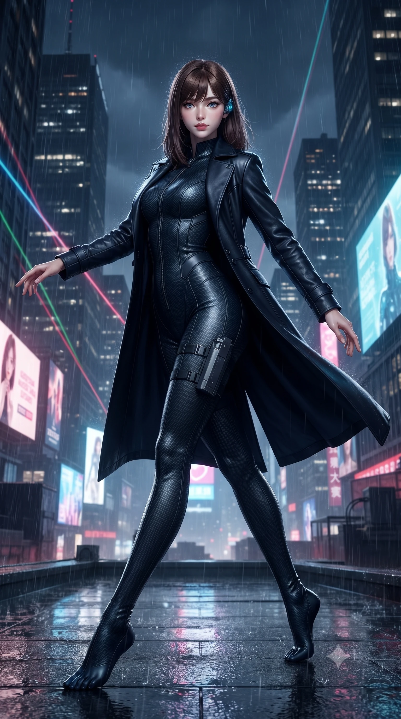 score_9, masterpiece, best quality, ultra-detailed, high-budget anime keyframe, editorial fashion photography, tasteful artistic composition, Korean woman. low angle full-body shot from head to toe showing her feet, filling the entire 9:16 vertical frame with her statuesque presence, stretching her vertical silhouette. pivoting dynamically with supreme athletic balance and poise, her impossibly long slender legs creating a breathtaking line while dancing dynamically on a rain-slicked skyscraper rooftop amidst pulsating RGB laser beams and giant holographic billboards. The composition keeps background elements in soft focus with creamy bokeh. rain-slicked rooftop structures and distant megacity smog softened in dynamic shallow depth of field. She has an absolutely perfect, statuesque 8.5-heads proportion, an exceptionally tall and slender model-like female figure with impossibly long slender legs, a toned flat midriff, and an ultra-slim waist. sharp v-shaped jawline, high-bridge nose, intricate jewel-like eyes with depth, thick eyelashes, glossy lips with a natural sheen, captivating and magnetic expression, flawlessly proportioned anatomical accuracy, strict slender model proportions, natural body alignment, perfectly sculpted long slender limbs, ultra-slim waistline, clean dynamic posture without body distortion. wearing a sleek second-skin dark carbon-weave infiltration catsuit paired with a tailored long leather trench coat in stealth obsidian black and midnight navy, crafted from flexible ballistic matte leather and ultra-sleek stretch neoprene, equipped with a minimalist titanium leg holster and smart holographic earpiece, the glove-like aerodynamic second-skin fit tightly clinging to her ultra-slender waist and athletic curves without adding bulk, accentuating her razor-sharp statuesque lines and slim hourglass silhouette. illuminated by crisp rim lights accentuating her ultra-slim waistline and long athletic limbs. ultra-reflective glossy finish, specular highlights, rich textural contrasts, high-contrast stereoscopic depth, volumetric dynamic lighting, 2k, ultra detail, master piece, 9:16 ratio