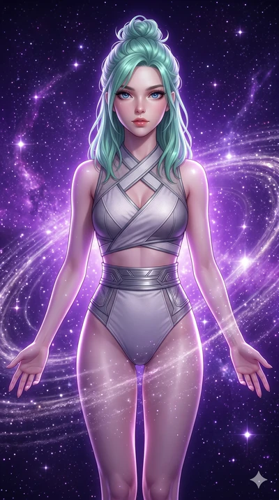 score_9, masterpiece, best quality, ultra-detailed, high-budget anime keyframe, semi-realistic 3D game render, Japanese woman. Upper body close-up from the thighs up, character filling the screen for maximum presence. She is floating weightlessly ins