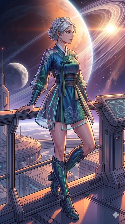 score_9, masterpiece, best quality, ultra-detailed, high-budget anime movie keyframe, cinematic anime lighting, intricate line art, Caucasian (strictly human ears) woman. Low angle cowboy shot capturing a powerful motion and statuesque presence. surv