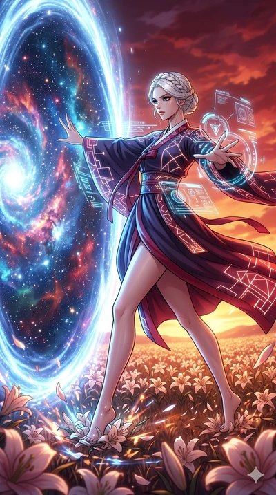 score_9, masterpiece, best quality, ultra-detailed, high-budget anime movie keyframe, cinematic anime lighting, intricate line art, Caucasian (strictly human ears) woman. Low angle cowboy shot capturing a powerful motion and statuesque presence. summ