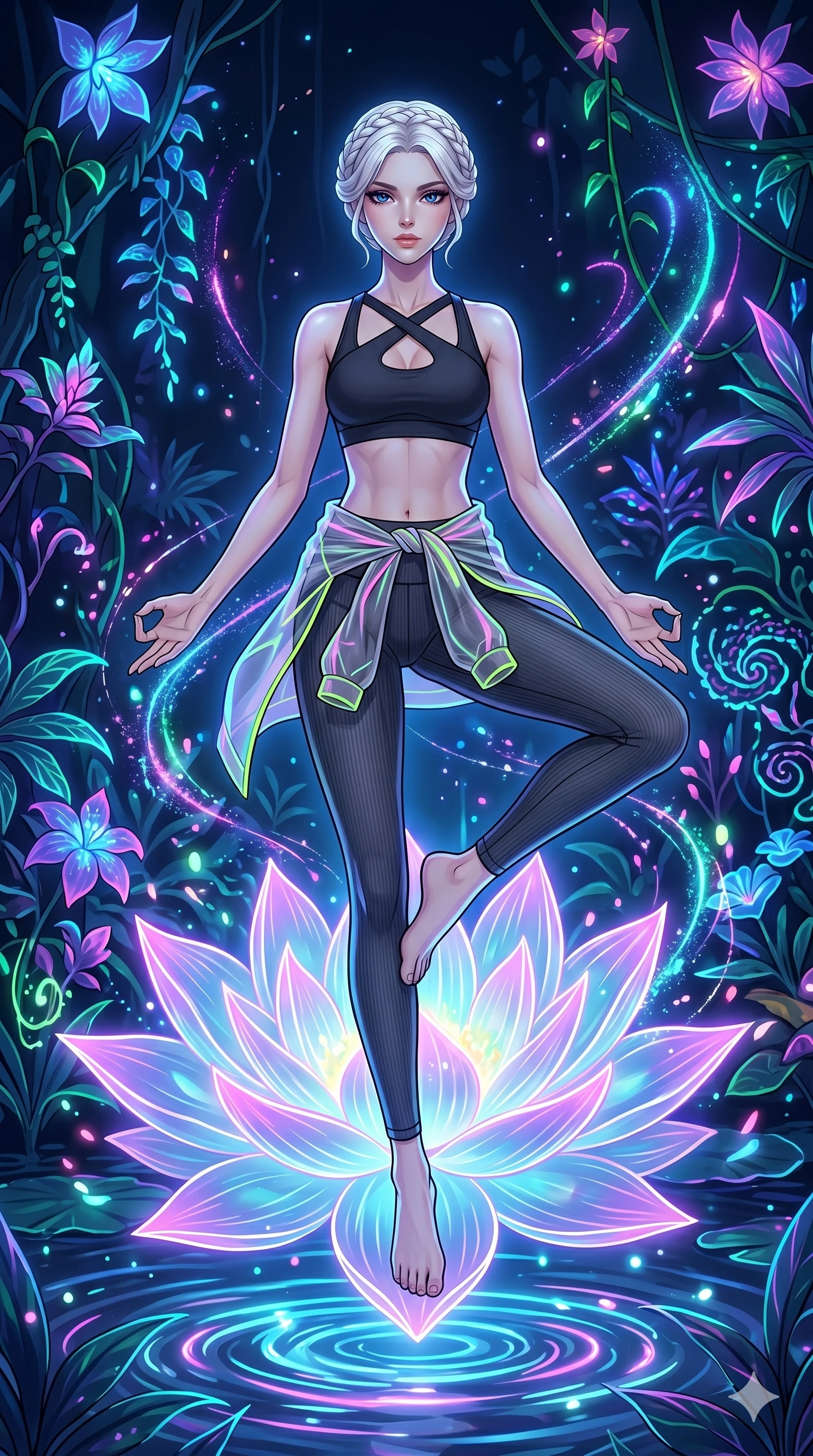 score_9, masterpiece, best quality, ultra-detailed, High-budget Anime Keyframe, vibrant colors, fluid line-art, expressive lighting, cinematic composition, Ufotable-style visual effects, top-tier animation quality, Korean woman with idol-like refined features. Dynamic full-body shot stretching the vertical silhouette, capturing her from a powerful low-angle perspective. Meditating atop a massive digital lotus blossom that floats on a pond of liquid light. She has an absolutely perfect 8-heads proportion, an exceptionally tall and slender female figure with impossibly long slender legs and an ultra-slim waist, her statuesque height and towering silhouette dominating the vertical 9:16 frame. Her face is a masterpiece featuring a sharp v-shaped jawline, high-bridge nose, intricate jewel-like eyes with depth, thick eyelashes, and glossy lips with a natural sheen. She is wearing a Premium ribbed leggings with a matching cross-back sports bra, semi-transparent windbreaker tied around the waist, and an exposed midriff.. The scene is set in a bioluminescent jungle where every leaf and flower glows with a unique frequency. 2k, ultra detail, master piece, 9:16 ratio