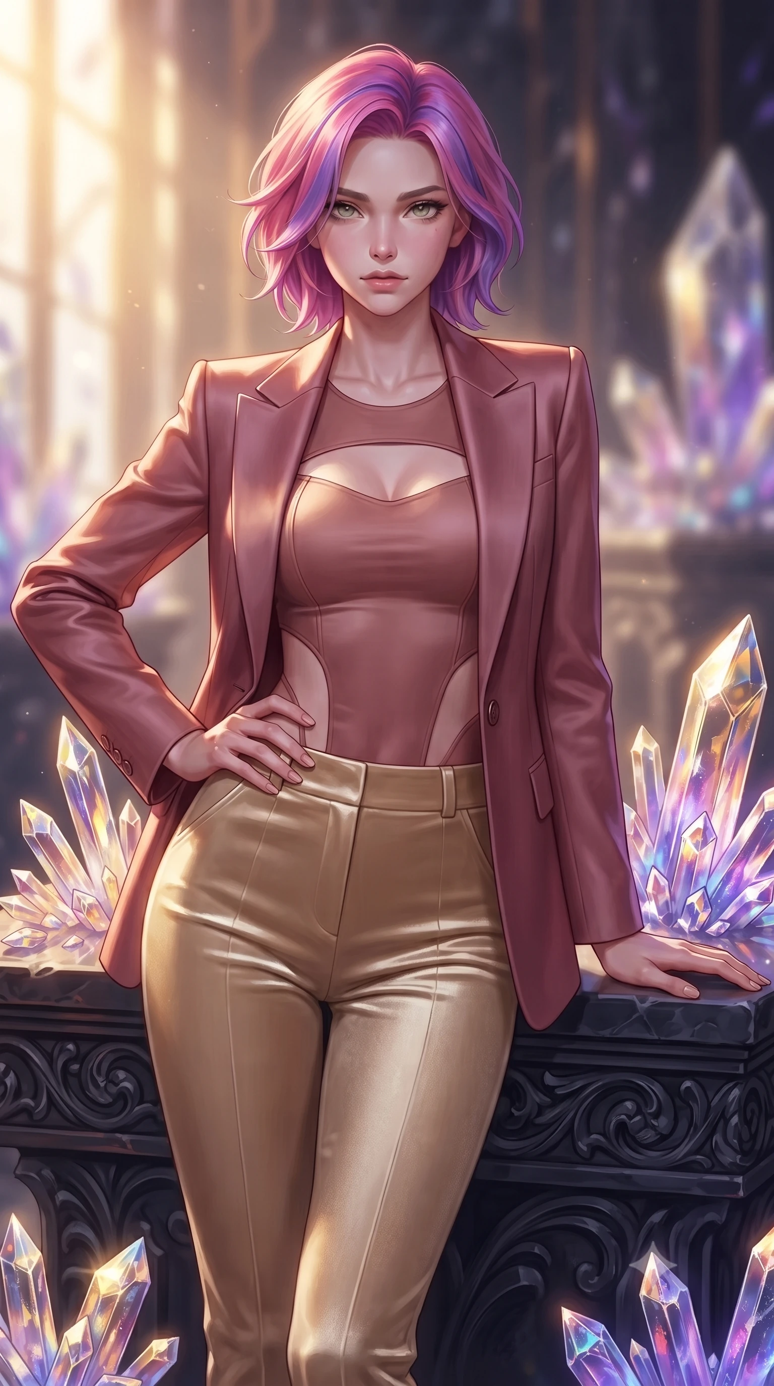 score_9, masterpiece, best quality, ultra-detailed, high-budget anime keyframe, editorial fashion photography, tasteful artistic composition, Caucasian woman. close-up cowboy shot from the waist and thighs up, the character dominates the composition, filling the frame with her large presence, background elements kept in soft focus. Holding a confident power pose with one hand on her hip, gazing directly into the camera with quiet intensity resting on a carved obsidian altar surrounded by radiant crystal shards, sharp crystalline reflections creating an opulent, jewel-like ambience. She has an exceptionally elegant, slender, and willowy female figure with an ultra-slim waist, a gracefully sculpted slender torso, and a refined silhouette. sharp v-shaped jawline, high-bridge nose, intricate jewel-like eyes with depth, thick eyelashes, glossy lips with a natural sheen. wearing a tailored silk blazer over a form-contouring top and fitted slacks in dusty rose and champagne gold, made of premium stretch velvet with a rich sheen, featuring clean architectural cutouts along her slender torso, the elegant draped fit framing her graceful clavicle and slender torso. lit by warm golden sunlight colliding with cool violet crystal illumination. highly saturated vibrant anime colors, detailed shading with soft gradients, rich glossy textures, high-contrast stereoscopic depth, volumetric dynamic lighting, master piece, 9:16 ratio