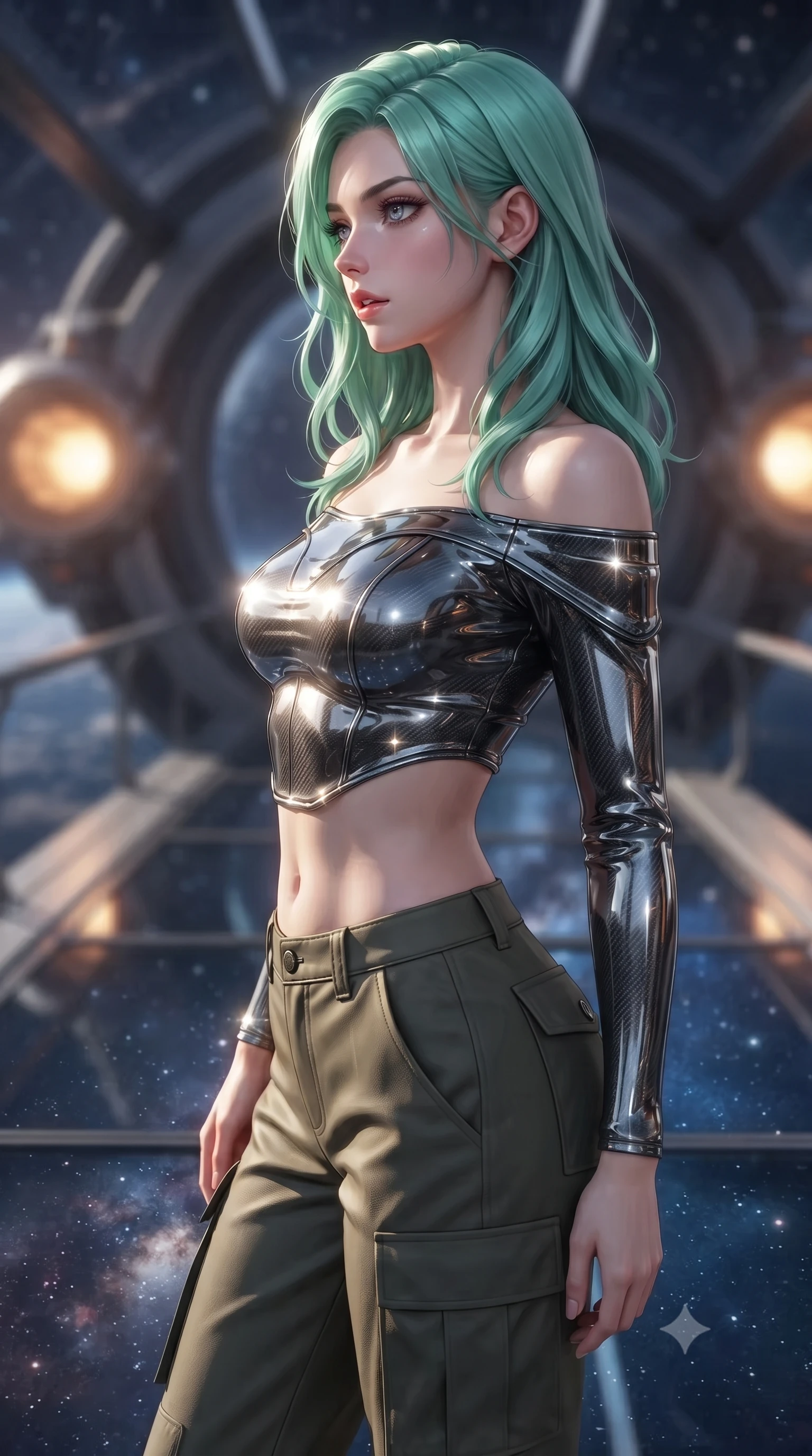 score_9, masterpiece, best quality, ultra-detailed, high-budget anime keyframe, editorial fashion photography, tasteful artistic composition, Japanese woman. close-up cowboy shot from the waist and thighs up, the character dominates the composition, filling the frame with her large presence, background elements kept in soft focus. turning her face in profile to look over her shoulder, casting a smoldering side gaze with lips slightly parted, the background shows a soft-focus a cosmic skybridge with glass floor showing stars and cosmic dust below. She has an exceptionally elegant, slender, and willowy female figure with an ultra-slim waist, a gracefully sculpted slender torso, and a refined silhouette. sharp v-shaped jawline, high-bridge nose, intricate jewel-like eyes with depth, thick eyelashes, glossy lips with a natural sheen. wearing a slim-fit off-shoulder carbon-fiber armor top paired with high-slit tactical cargo pants, showing her delicately sculpted midriff. soft silver starlight contrasting with the warm amber glow of nearby engines. ultra-reflective glossy finish, specular highlights, metallic sheen, high-contrast stereoscopic depth, volumetric dynamic lighting, 2k, ultra detail, master piece, 9:16 ratio