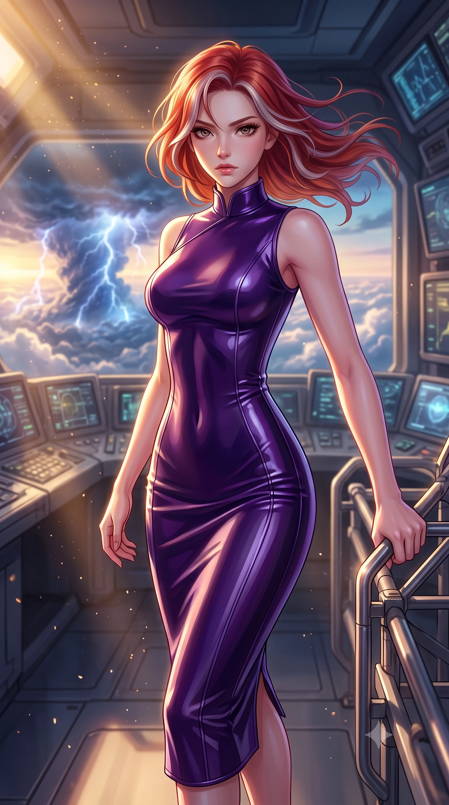 score_9, masterpiece, best quality, ultra-detailed, high-budget anime keyframe, editorial fashion photography, tasteful artistic composition, Caucasian woman, strictly human ears. close-up cowboy shot from the waist and thighs up, the character dominates the composition, filling the frame with her large presence, background elements kept in soft focus. Bracing against the hull decompression wind, her expression resolute and hand gripping a metal safety rail. set against a soft-focus background of a control deck lined with monitoring screens, overseeing a massive lightning storm contained below the cloud deck. She has an exceptionally elegant and slender, willowy female figure with an ultra-slim waist, a gracefully sculpted slender torso, and a refined slim physique. sharp v-shaped jawline, high-bridge nose, intricate jewel-like eyes with depth, thick eyelashes, glossy lips with a natural sheen. wearing tailored for maximum mobility, sleek form-contouring panels that allow fluid movement, a form-contouring body-hugging dark purple vinyl-effect midi dress with a high mandarin collar, contouring her slender dancer frame with sleek reflective lines. highly saturated vibrant anime colors, intense vivid color palette, soft 3D volumetric shading, volumetric dynamic lighting, golden hour sunlight streaming in warm shafts with floating dust particles catching the light. 2k, ultra detail, master piece, 9:16 ratio