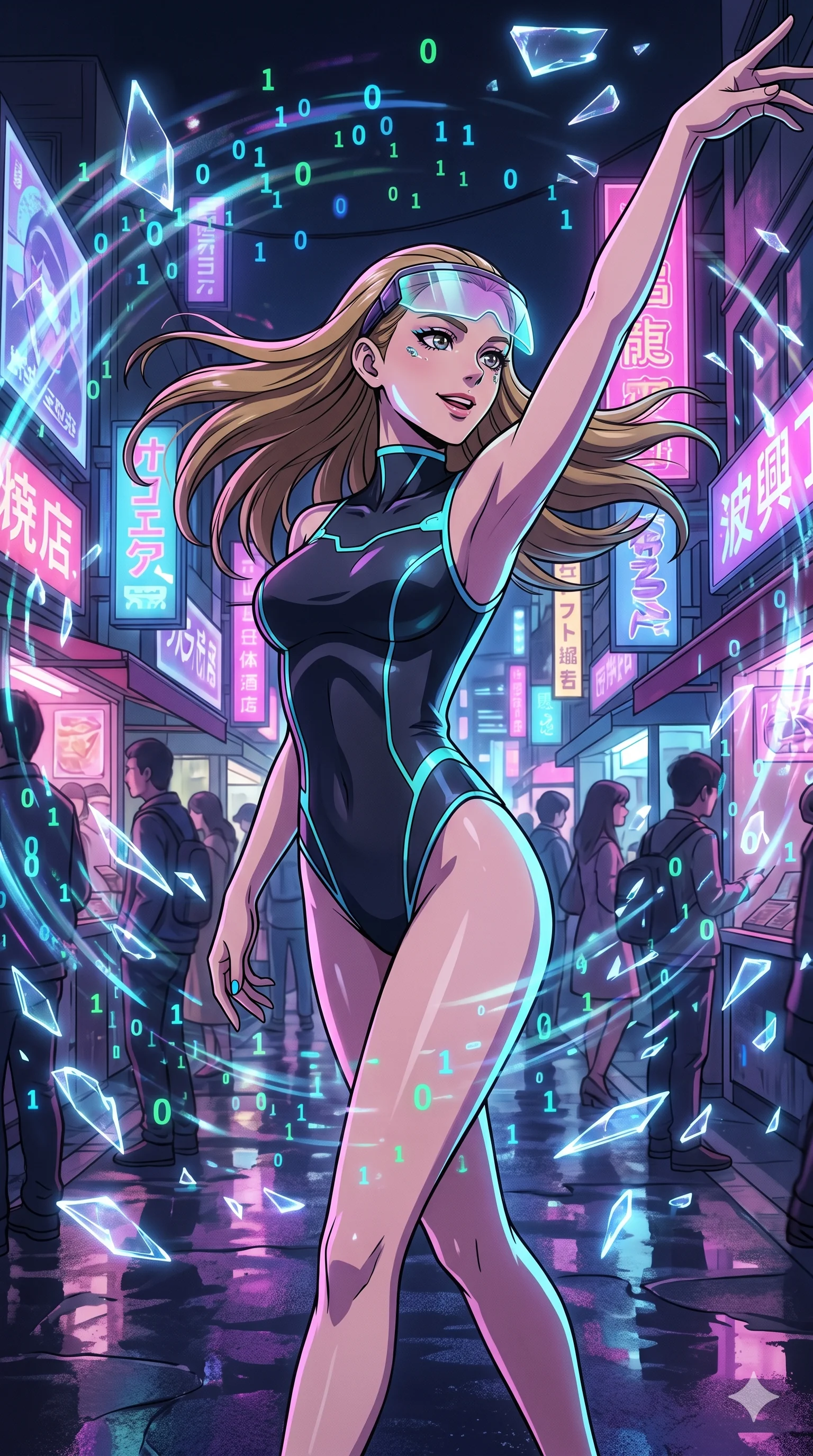 score_9, masterpiece, best quality, ultra-detailed, Set A: High-budget Anime Keyframe, Caucasian (strictly human ears) woman. Upper body close-up from the thighs up, character filling the screen for maximum presence. Dancing through a futuristic night market, while a digital blizzard of 179 bits obscures the horizon and surrounded by shattered glass fragments. She has an absolutely perfect 8-heads proportion, an exceptionally tall and slender female figure with impossibly long slender legs and an ultra-slim waist. Sharp v-shaped jawline, high-bridge nose, intricate jewel-like eyes with depth, thick eyelashes, glossy lips with a natural sheen. Wearing High-cut athletic leotard with glowing trim and a translucent visor accessory. Cinematic lighting, vibrant colors, dramatic shadows, 2k, ultra detail, master piece, 9:16 ratio