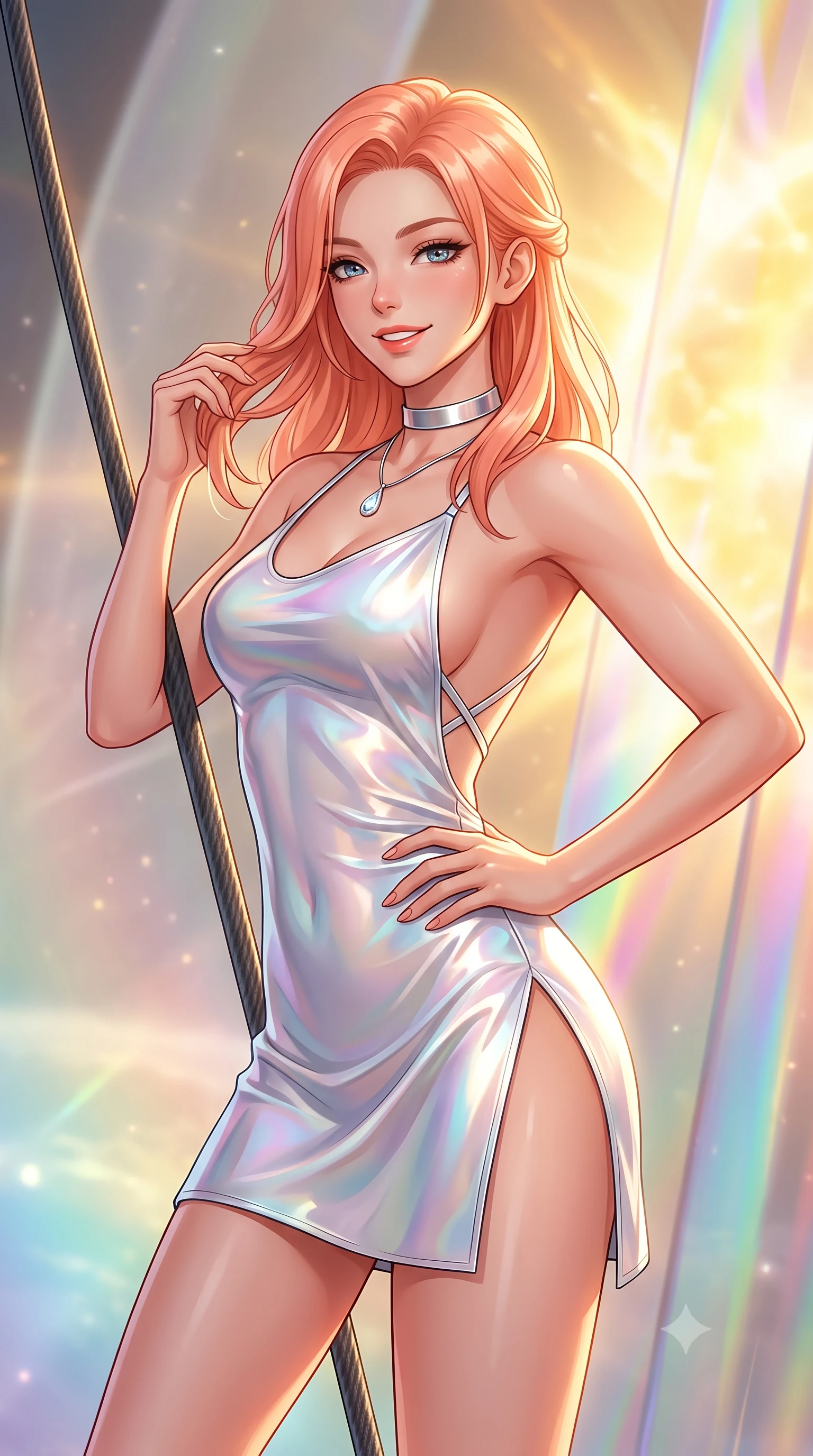 score_9, masterpiece, best quality, ultra-detailed, high-budget anime keyframe, semi-realistic 3D game render, editorial fashion photography, tasteful artistic composition, Japanese woman. close-up cowboy shot from the waist and thighs up, the character dominates the composition, filling the frame with her large presence. twisting her slender torso in an alluring contrapposto stance, one hand resting on her sculpted hip while her fingers toy with her hair with effortless poise while leaning against the zero-gravity carbon tether with hips cocked back, watching the blazing golden solar corona flare through polarizing solar sails with smoldering bedroom-eyes. The background shows a soft-focus faint solar wind ionization haze softened in celestial flagship sail deck shallow focus. She has an exceptionally elegant, slender, and willowy female figure with an ultra-slim waist, flat toned midriff, narrow ribcage, and sculpted feminine hips creating an alluring, slim hourglass silhouette without bulk. sharp v-shaped jawline, high-bridge nose, intricate jewel-like sparkling eyes with depth, thick eyelashes, glossy parted lips with a natural peach sheen, bright cheerful beaming smile with an enchanting and coquettish sensual glint, exuding both youthful cute charm and seductive allure, flawlessly proportioned anatomical accuracy, strict slender model proportions, natural body alignment, perfectly sculpted long slender limbs, ultra-slim waistline, clean dynamic posture without body distortion. wearing a backless liquid foil flight mini dress with criss-cross spinal straps and daring high side slit in iridescent mother-of-pearl and liquid molten silver, crafted from bespoke double-faced cashmere with an exceptionally soft tactile finish, finished with a minimalist chrome choker and a single teardrop diamond pendant, the precision-cut side openings and low-back scoop framing her graceful spine and the sensual sweep of her slim, toned hips. bathed in blinding warm golden solar radiance filtered through prismatic iridescent nano-films. highly saturated vibrant anime colors, detailed shading with soft gradients, rich glossy textures, high-contrast stereoscopic depth, volumetric dynamic lighting, master piece, 9:16 ratio