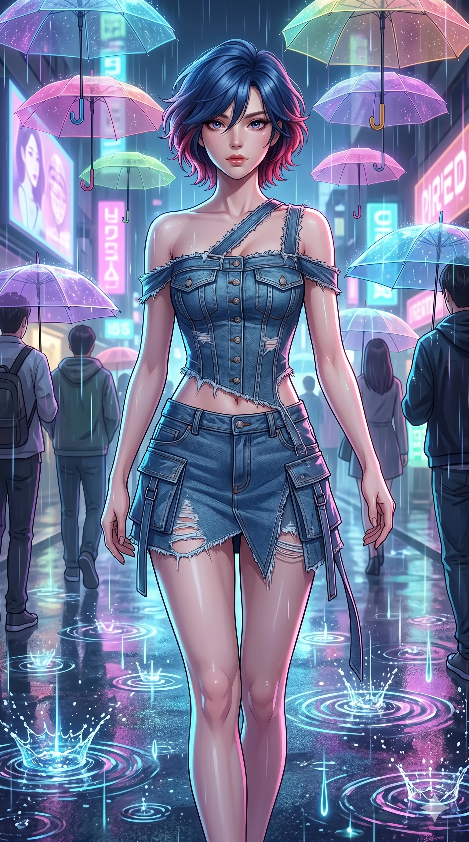 score_9, masterpiece, best quality, ultra-detailed, high-budget anime keyframe, Korean woman. upper body close-up from the thighs up, character filling the screen for maximum presence. navigating a wet neon-lit future street under colorful floating umbrellas as translucent neon raindrops fall, creating brilliant splash ripples. She has an absolutely perfect 8-heads proportion, an exceptionally tall and slender female figure with impossibly long slender legs and an ultra-slim waist. V-shaped jawline, high-bridge nose, intricate jewel-like eyes with depth, thick eyelashes, glossy lips with a natural sheen.. wearing a deconstructed denim corset and an asymmetric ripped denim structured mini skirt, showcasing a rugged yet chic off-shoulder style. lit by a soft glowing ambient light and a sharp side key light that traces the sleek contours of her athletic build. 2k, ultra detail, master piece, 9:16 ratio