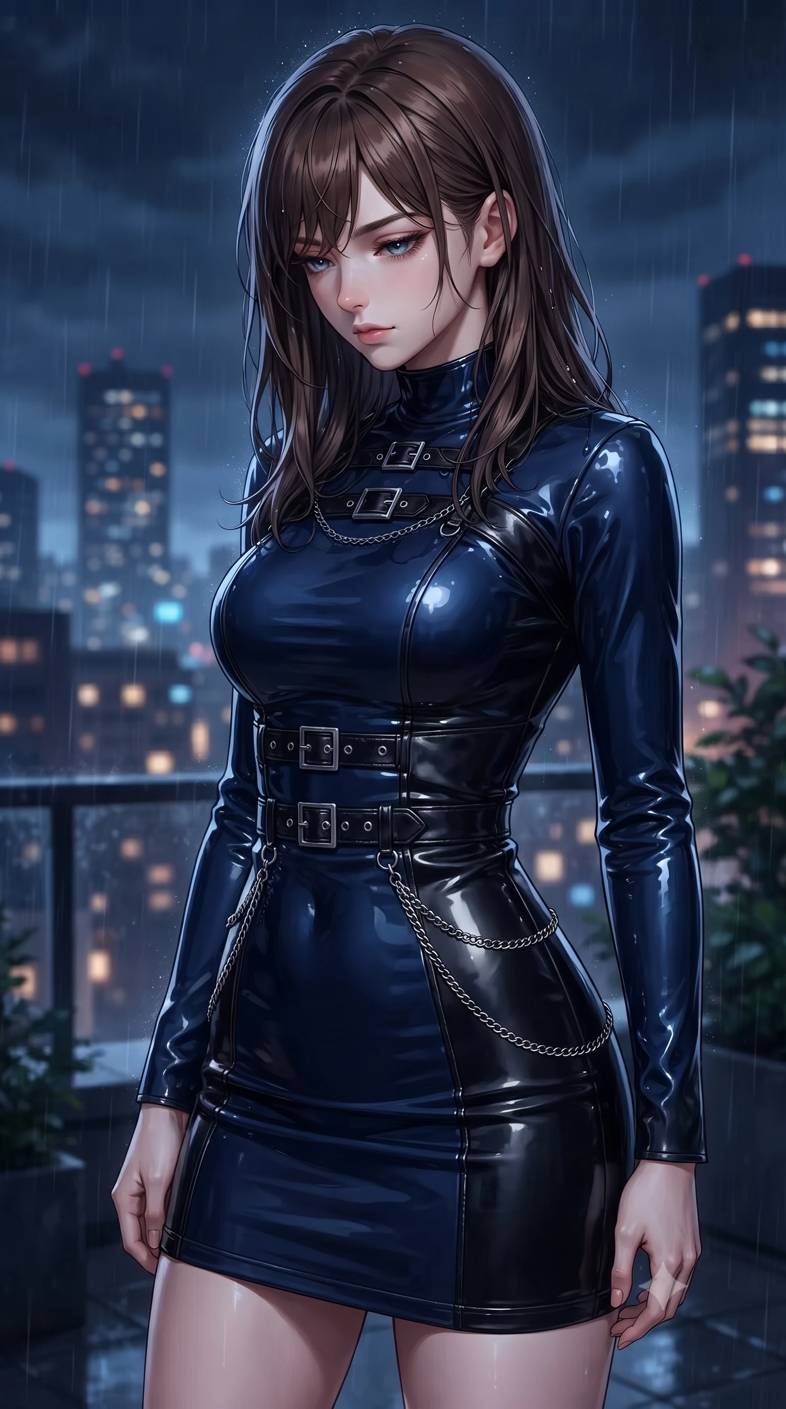 score_9, masterpiece, best quality, ultra-detailed, high-budget anime keyframe, editorial fashion photography, tasteful artistic composition, Korean woman. close-up cowboy shot from the waist and thighs up, the character dominates the composition, filling the frame with her large presence, background elements kept in soft focus. Looking down with lowered lashes and a composed, powerful dark aura, gazing out over the misty dark skyline from a high rain-drenched rooftop, distant skyscraper lights forming soft dark amber and blue bokeh in the background. She has an exceptionally elegant, slender, and willowy female figure with an ultra-slim waist, a gracefully sculpted slender torso, and a refined silhouette. sharp v-shaped jawline, high-bridge nose, intricate jewel-like eyes with depth, thick eyelashes, glossy lips with a natural sheen. wearing precision-fitted bodycon dress in high-gloss liquid vinyl in midnight navy blue, made of polished black leather, framed by dark titanium buckles and silver chain details, the fitted fabric emphasizing her ultra-slim waist. lit by soft nocturnal key light contrasting with deep shadowy garden greenery. highly saturated vibrant anime colors, detailed shading with soft gradients, rich glossy textures, high-contrast stereoscopic depth, volumetric dynamic lighting, master piece, 9:16 ratio