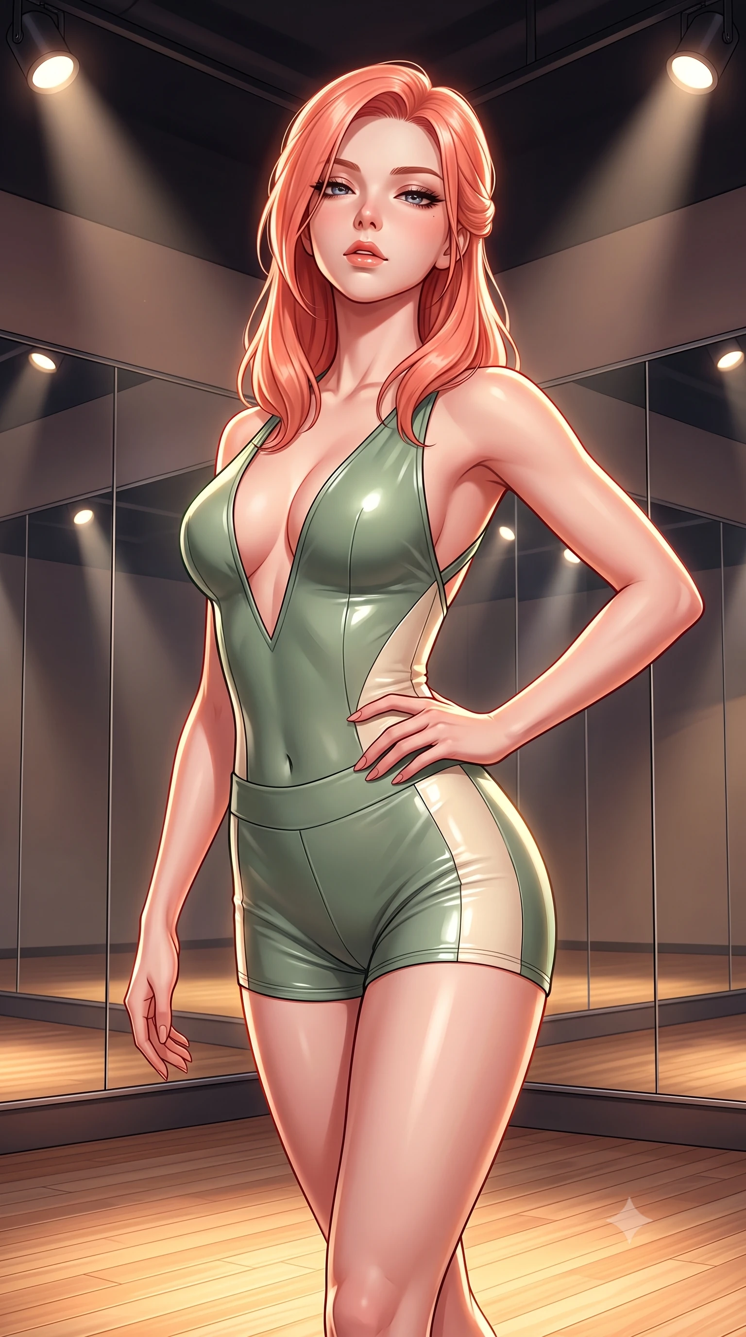 score_9, masterpiece, best quality, ultra-detailed, high-budget anime keyframe, semi-realistic 3D game render, editorial fashion photography, tasteful artistic composition, Japanese woman. close-up cowboy shot from the waist and thighs up, the character dominates the composition, filling the frame with her large presence. tilting her chin up with proud, sovereign allure while gazing through thick eyelashes, one hand resting on her waist in pure supermodel charisma while executing an elegant mid-motion arabesque turn before the mirrors, the tight fabric sculpting her feminine hip contour with statuesque precision. The surrounding environment is rendered in vivid detail and crisp panoramic clarity. high-contrast sculptural dance chiaroscuro and contemporary athletic aesthetics captured with precision. She has an exceptionally elegant, slender, and willowy female figure with an ultra-slim waist, a gracefully sculpted slender torso, toned flat midriff, and rounded feminine hips creating an alluring hourglass silhouette. sharp v-shaped jawline, high-bridge nose, intricate jewel-like eyes with depth, thick eyelashes, glossy parted lips with a natural sheen, intensely captivating and seductive bedroom-eyes expression, flawlessly proportioned anatomical accuracy, strict slender model proportions, natural body alignment, perfectly sculpted long slender limbs, ultra-slim waistline, clean dynamic posture without body distortion. wearing a deep-V plunge dance bodysuit with crossed back straps and body-hugging boy-shorts in sage green and warm cream, crafted from second-skin aerodynamic stretch vinyl with specular sheen, accented with criss-cross satin back straps framing her bare spine and hips, the form-contouring material adhering flawlessly to her sculpted flat midriff and slender torso, emphasizing her long leg lines and perfectly proportioned willowy build. bathed in warm floor-level uplighting and dramatic overhead theatrical spotlights. highly saturated vibrant anime colors, detailed shading with soft gradients, rich glossy textures, high-contrast stereoscopic depth, volumetric dynamic lighting, master piece, 9:16 ratio