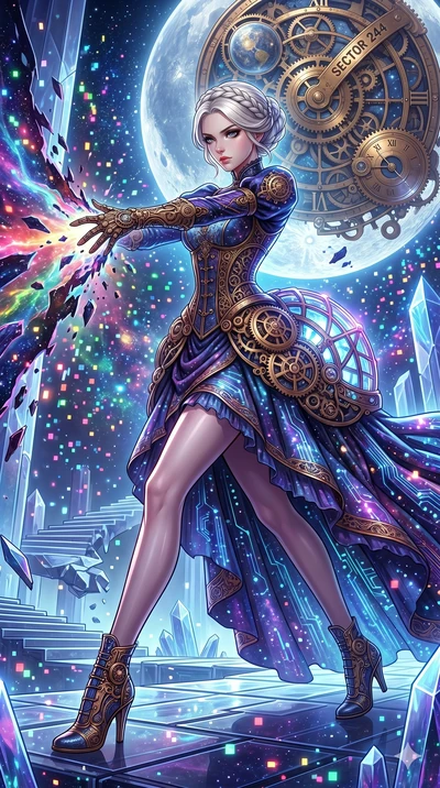 score_9, masterpiece, best quality, ultra-detailed, Set A: High-budget Anime Keyframe, Japanese woman. Low angle cowboy shot filling the entire 9:16 frame with her statuesque presence. Theme: Abstract Cosmic. shattering the fabric of reality in a tem