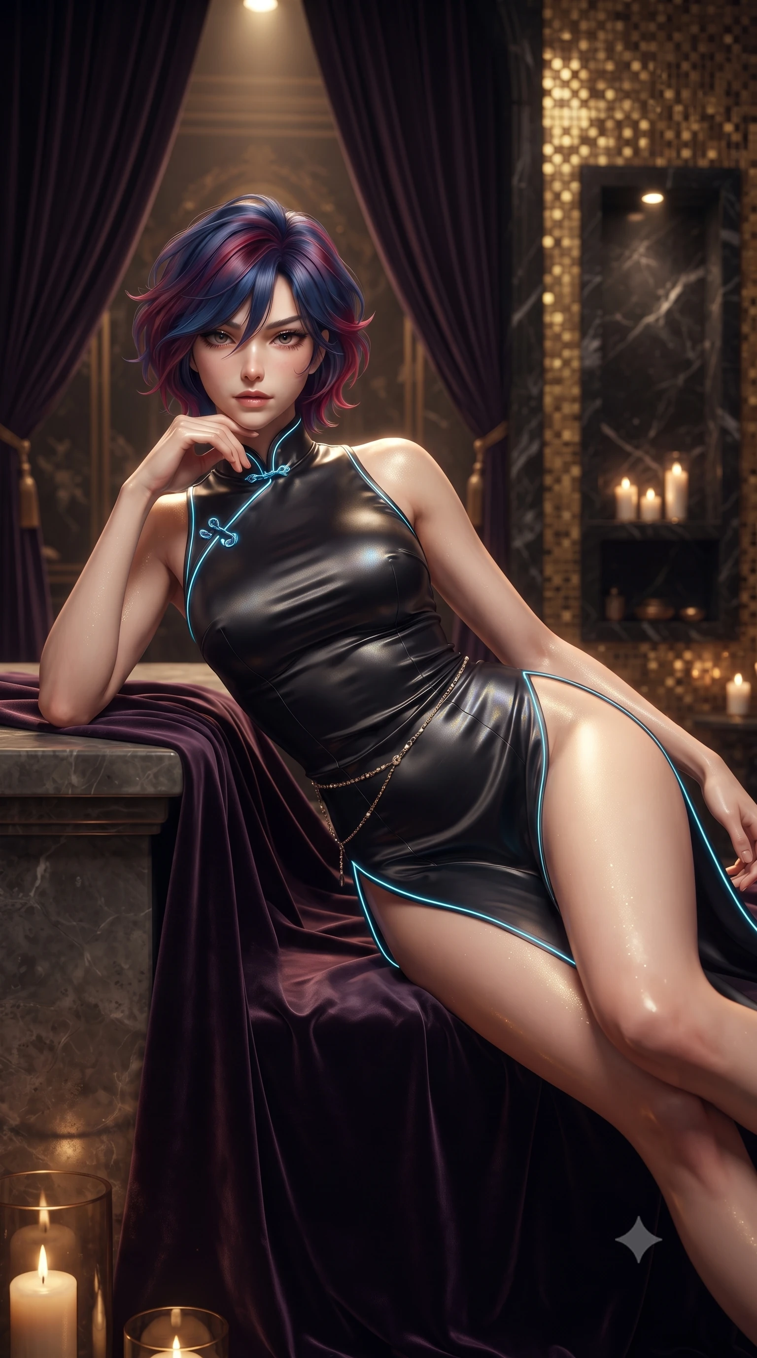 score_9, masterpiece, best quality, ultra-detailed, high-budget anime keyframe, editorial fashion photography, tasteful artistic composition, Korean woman. close-up cowboy shot from the waist and thighs up, the character dominates the composition, filling the frame with her large presence. leaning back with relaxed seductive grace, her sculpted collarbones and narrow waist highlighted as she casts smoldering bedroom-eyes directly into the camera while reclining languidly on a velvet-draped stone priedieu, her slender waist and feminine curves sculpted by shimmering gold-leaf reflections. The composition keeps background elements in soft focus with creamy bokeh. heavy velvet doorway drapes and dark marble niches softened in majestic sacred shallow focus. She has an exceptionally elegant, slender, and willowy female figure with an ultra-slim waist, flat toned midriff, narrow ribcage, and sculpted feminine hips creating an alluring, slim hourglass silhouette without bulk. sharp v-shaped jawline, high-bridge nose, intricate jewel-like eyes with depth, thick eyelashes, glossy parted lips with a natural sheen, intensely captivating and seductive bedroom-eyes expression, flawlessly proportioned anatomical accuracy, strict slender model proportions, natural body alignment, perfectly sculpted long slender limbs, ultra-slim waistline, clean dynamic posture without body distortion. wearing a modernized cyber-qipao mini dress with an ultra-high side slit ascending to the hip and glowing piping in pitch-black velvet with diamond crystal trim, tailored from ultra-smooth duchess satin with a pearlescent sheen, accented with a dainty diamond waist chain catching the ambient light reflections, the liquid-tight tailored fabric clinging flawlessly to her narrow waist and rounded feminine hips, emphasizing every millimeter of her sculpted slim hourglass curves without any bulky heaviness. bathed in warm, mystical candlelight reflecting off thousands of golden glass mosaic tiles. ultra-reflective glossy finish, specular highlights, rich textural contrasts, high-contrast stereoscopic depth, volumetric dynamic lighting, 2k, ultra detail, master piece, 9:16 ratio