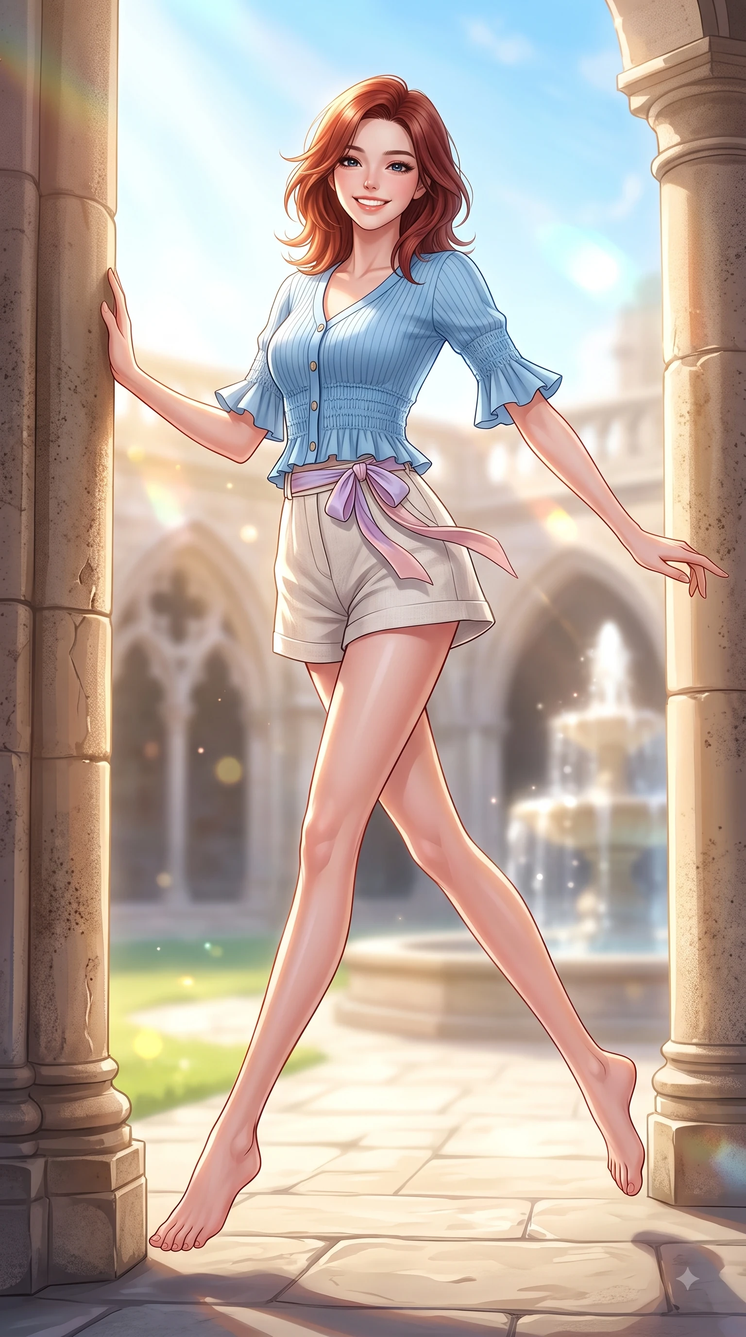 score_9, masterpiece, best quality, ultra-detailed, high-budget anime keyframe, editorial fashion photography, tasteful artistic composition, Korean woman. low angle full-body shot from head to toe showing her feet, filling the entire 9:16 vertical frame with her statuesque presence, stretching her vertical silhouette. leaping with pure youthful energy through the scene with a radiant bright smile, her long slender legs balanced gracefully while leaning against an antique stone column in a sun-drenched university quadrangle with a sweet grin. The composition keeps background elements in soft focus with dreamy bokeh. gothic campus arches and sparkling fountain waters softened in a gentle background haze. She has an absolutely perfect, statuesque 8.5-heads proportion, an exceptionally tall and slender model-like female figure with impossibly long slender legs and an ultra-slim waist. sharp v-shaped jawline, high-bridge nose, intricate jewel-like eyes with depth, thick eyelashes, glossy lips with a natural sheen, flawlessly proportioned anatomical accuracy, natural body alignment, perfectly sculpted elegant limbs, clean dynamic posture without body distortion. wearing a sky-blue ribbed short-sleeve cardigan with high-waist linen shorts and a dainty waist sash in pastel lilac and soft rose gold, made of comfortable premium stretch denim and soft jersey, accented with soft smocked details and fluttery cuffs, the breezy lightweight fabric fluttering softly against her delicate frame. illuminated by warm golden sunbursts and bright clear sky refractions. highly saturated vibrant anime colors, detailed shading with soft gradients, rich glossy textures, high-contrast stereoscopic depth, volumetric dynamic lighting, master piece, 9:16 ratio