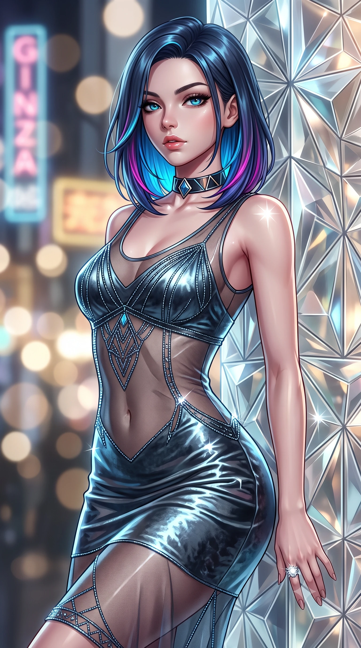 score_9, masterpiece, best quality, ultra-detailed, high-budget anime keyframe, semi-realistic 3D game render, editorial fashion photography, tasteful artistic composition, Caucasian woman. close-up cowboy shot from the waist and thighs up, the character dominates the composition, filling the frame with her large presence. leaning back with relaxed seductive grace, her sculpted collarbones and narrow waist highlighted as she casts smoldering bedroom-eyes directly into the camera while leaning against a multi-faceted crystalline glass pillar inspired by origami folds, arching her lower back with high-fashion sovereign poise. The composition keeps background elements in soft focus with creamy bokeh. intricate geometric origami glass facets and glittering Ginza boulevard neon signs blurred into champagne, diamond-white, and electric amber bokeh. She has an exceptionally elegant, slender, and willowy female figure with an ultra-slim waist, flat toned midriff, narrow ribcage, and sculpted feminine hips creating an alluring, slim hourglass silhouette without bulk. sharp v-shaped jawline, high-bridge nose, intricate jewel-like eyes with depth, thick eyelashes, glossy parted lips with a natural sheen, intensely captivating and seductive bedroom-eyes expression, flawlessly proportioned anatomical accuracy, strict slender model proportions, natural body alignment, perfectly sculpted long slender limbs, ultra-slim waistline, clean dynamic posture without body distortion. wearing a sheer vintage mesh flapper dress adorned with intricate geometric beadwork over an opaque silk slip in metallic gunmetal and electric azure, crafted from heavyweight crushed silk velvet with liquid vintage luster, complemented by a bold geometric choker and sparkling cocktail ring, the liquid-tight tailored fabric clinging flawlessly to her narrow waist and rounded feminine hips, emphasizing every millimeter of her sculpted slim hourglass curves without any bulky heaviness. illuminated by crisp crystal facet specular glints sharply defining her sculpted collarbones, ultra-slim waist, and curvy hips. highly saturated vibrant anime colors, detailed shading with soft gradients, rich glossy textures, high-contrast stereoscopic depth, volumetric dynamic lighting, master piece, 9:16 ratio