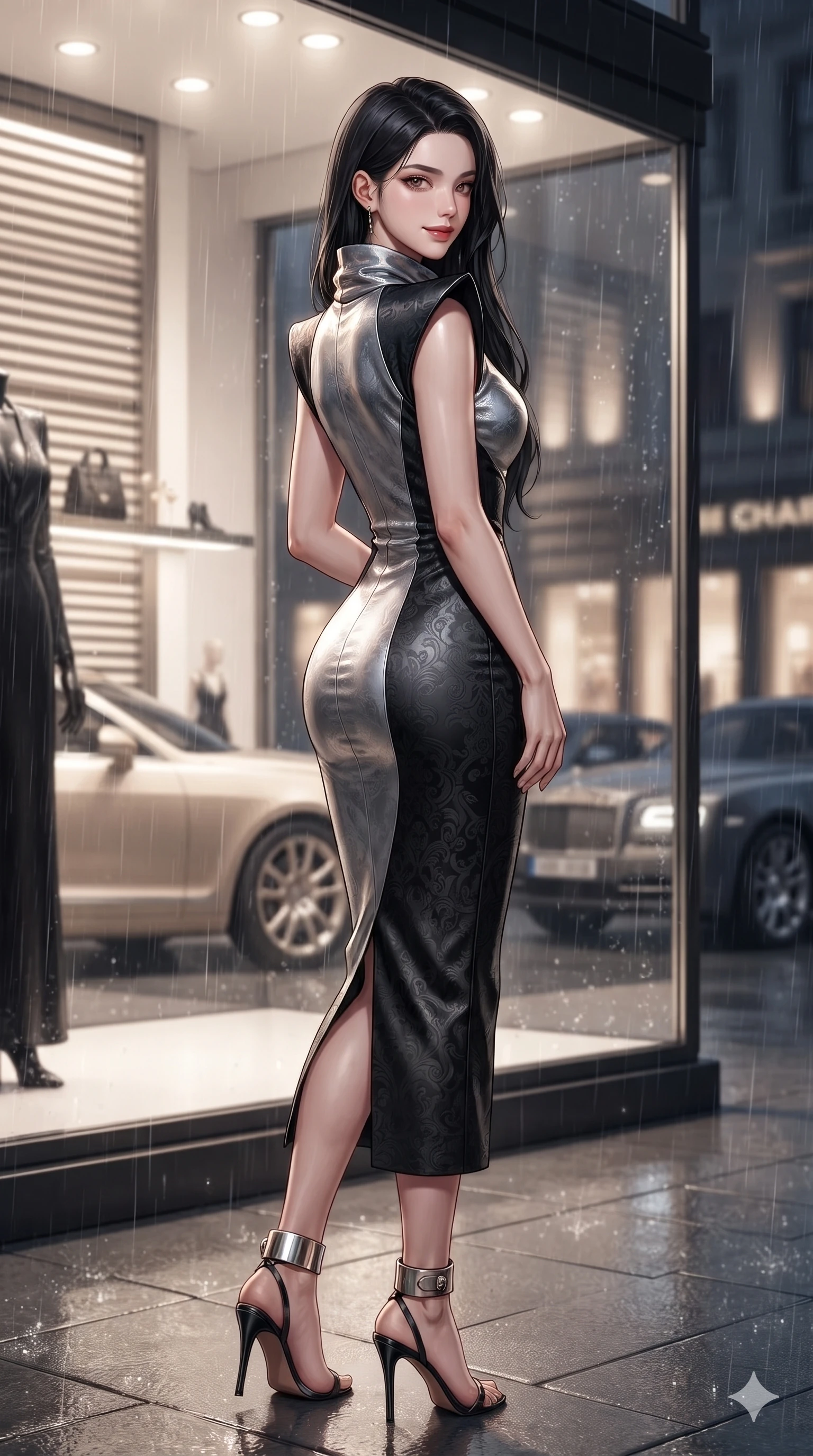 score_9, masterpiece, best quality, ultra-detailed, high-budget anime keyframe, editorial fashion photography, tasteful artistic composition, Korean woman. close-up cowboy shot from the waist and thighs up, the character dominates the composition, filling the frame with her large presence. posing in an alluring rear three-quarter angle, turning over a bare shoulder with an intoxicating, smoldering gaze, her hips cocked back to highlight her slim hourglass curve while pausing beside an illuminated luxury boutique window with hips cocked back, glancing back with an enchanting, dangerous smile through falling rain. The background shows a soft-focus high-fashion boutique interior displays, illuminated architectural louvers, and passing luxury town cars blurred into champagne, platinum, and charcoal bokeh. She has an exceptionally elegant, slender, and willowy female figure with an ultra-slim waist, flat toned midriff, narrow ribcage, and sculpted feminine hips creating an alluring, slim hourglass silhouette without bulk. sharp v-shaped jawline, high-bridge nose, intricate jewel-like dark sparkling eyes with dangerous depth, thick curled eyelashes, glossy parted lips with a rich wine sheen, smoldering seductive half-smile with bedroom-eyes, exuding effortless superiority and intoxicating dark allure, flawlessly proportioned anatomical accuracy, strict slender model proportions, natural body alignment, perfectly sculpted long slender limbs, ultra-slim waistline, clean dynamic posture without body distortion. wearing a bespoke architectural wool-crepe column gown with high cowl neck and sharp structured shoulders in metallic liquid silver and pitch black, tailored from rich silk jacquard with subtle embossed baroque patterns, complemented by strappy stiletto heels with metallic ankle cuffs accentuating her slender calves, the bespoke structured tailoring following the natural line of her 8.5-heads silhouette with refined elegance. bathed in pristine 4500K museum-grade gallery lighting washing through the expansive glass facade. ultra-reflective glossy finish, specular highlights, rich textural contrasts, high-contrast stereoscopic depth, volumetric dynamic lighting, 2k, ultra detail, master piece, 9:16 ratio
