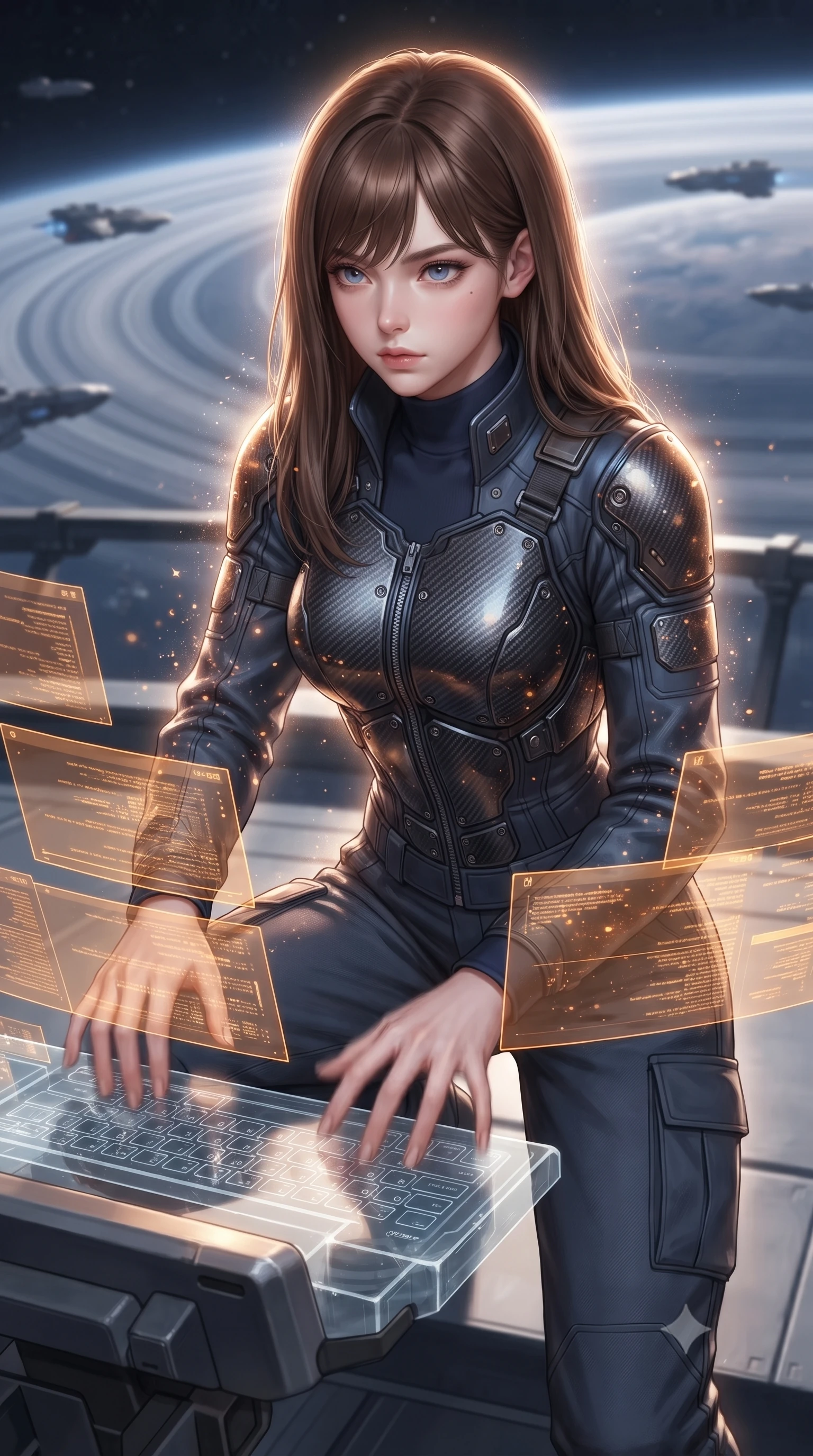 score_9, masterpiece, best quality, ultra-detailed, high-budget anime keyframe, editorial fashion photography, tasteful artistic composition, realistic cosplay photography, Korean woman. close-up cowboy shot from the waist and thighs up, the character dominates the composition, filling the frame with her large presence, background elements kept in soft focus. Hacking a security terminal in a low crouch, fingers moving in a blur as amber code screens surround her. set against a soft-focus background of a high-altitude platform overlooking a planetary ring dock, energy fields humming all around. She has an exceptionally elegant and slender, willowy female figure with an ultra-slim waist, a gracefully sculpted slender torso, and a refined slim physique. sharp v-shaped jawline, high-bridge nose, intricate jewel-like eyes with depth, thick eyelashes, glossy lips with a natural sheen. wearing catching and diffusing the glowing particles, shimmering softly in response to the surrounding light, a body-hugging tactical officer jacket with carbon-fiber chest plating and shoulder guards, layered over a navy blue mock-neck top and tailored cargo pants. dramatic backlight creating a radiant halo effect around her entire silhouette. ultra-reflective glossy finish, specular highlights, metallic sheen, high-contrast stereoscopic depth, volumetric dynamic lighting, 2k, ultra detail, master piece, 9:16 ratio