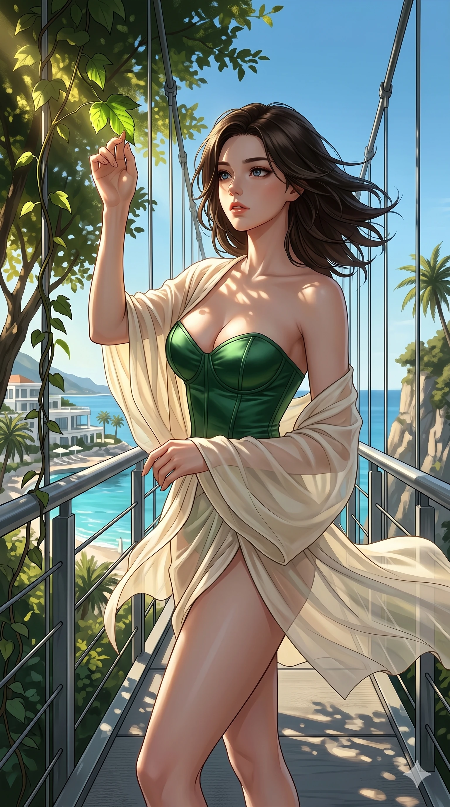 score_9, masterpiece, best quality, ultra-detailed, high-budget anime keyframe, editorial fashion photography, tasteful artistic composition, Korean woman. cowboy shot from the thighs up, character and outfit filling the frame for maximum editorial presence. reaching up to touch a leaf, looking over her shoulder on a steel suspension bridge overlooking a sunlit coastal resort (Code-P19-164). She has an absolutely perfect 8-heads proportion, an exceptionally tall and slender female figure with impossibly long slender legs and an ultra-slim waist. V-shaped jawline, high-bridge nose, intricate jewel-like eyes with depth, thick eyelashes, glossy lips with a natural sheen. wearing a structured satin corset showing her cleavage and a sheer resort wrap. dramatic chiaroscuro with a single golden key light filtering through the trees. 2k, ultra detail, master piece, 9:16 ratio