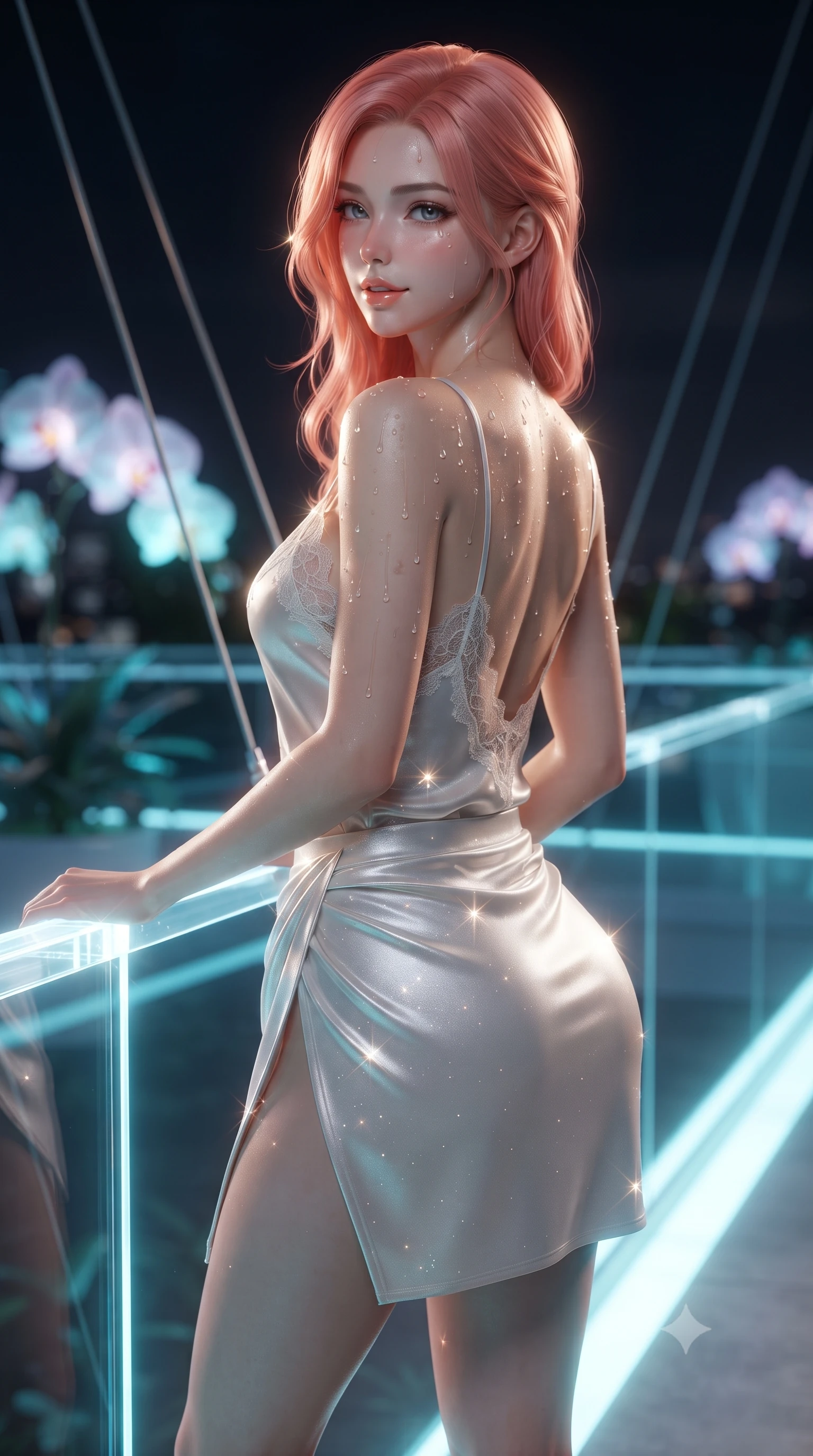 score_9, masterpiece, best quality, ultra-detailed, high-budget anime keyframe, editorial fashion photography, tasteful artistic composition, Japanese woman. close-up cowboy shot from the waist and thighs up, the character dominates the composition, filling the frame with her large presence. posing in an alluring rear three-quarter angle, looking over a bare shoulder with parted glossy lips, her hips cocked back to highlight her slim hourglass curve while leaning against the illuminated acrylic balustrade with hips cocked back, looking through glowing genetically-engineered orchids with a smoldering smile. The background shows a soft-focus suspended catwalk tension cables softened in futuristic botanical shallow focus. She has an exceptionally elegant, slender, and willowy female figure with an ultra-slim waist, flat toned midriff, narrow ribcage, and sculpted feminine hips creating an alluring, slim hourglass silhouette without bulk. sharp v-shaped jawline, high-bridge nose, sparkling eyes with hypnotic seductive depth, thick curled eyelashes, glossy parted lips with a natural dewy peach sheen, alluring bedroom-eyes with an enchanting coquettish smile, exuding magnetic siren charisma and sophisticated glamour, flawlessly proportioned anatomical accuracy, strict slender model proportions, natural body alignment, perfectly sculpted long slender limbs, ultra-slim waistline, clean dynamic posture without body distortion. wearing a delicate lace-trimmed silk camisole paired with a draped satin wrap sarong mini skirt with high side slit in pure pearl alabaster with platinum sheen, woven from stretch metallic lurex jersey casting radiant starlight glints across her silhouette, finished with glistening drops of pool water beading across her sculpted shoulders and collarbones, the precision-cut side openings and low-back scoop framing her graceful spine and the sensual sweep of her slim, toned hips. illuminated by acrylic catwalk reflection fill and sharp electric-cyan rim lights defining her delicate clavicles, ultra-slim waist, and curvy hips. ultra-reflective glossy finish, specular highlights, rich textural contrasts, high-contrast stereoscopic depth, volumetric dynamic lighting, 2k, ultra detail, master piece, 9:16 ratio
