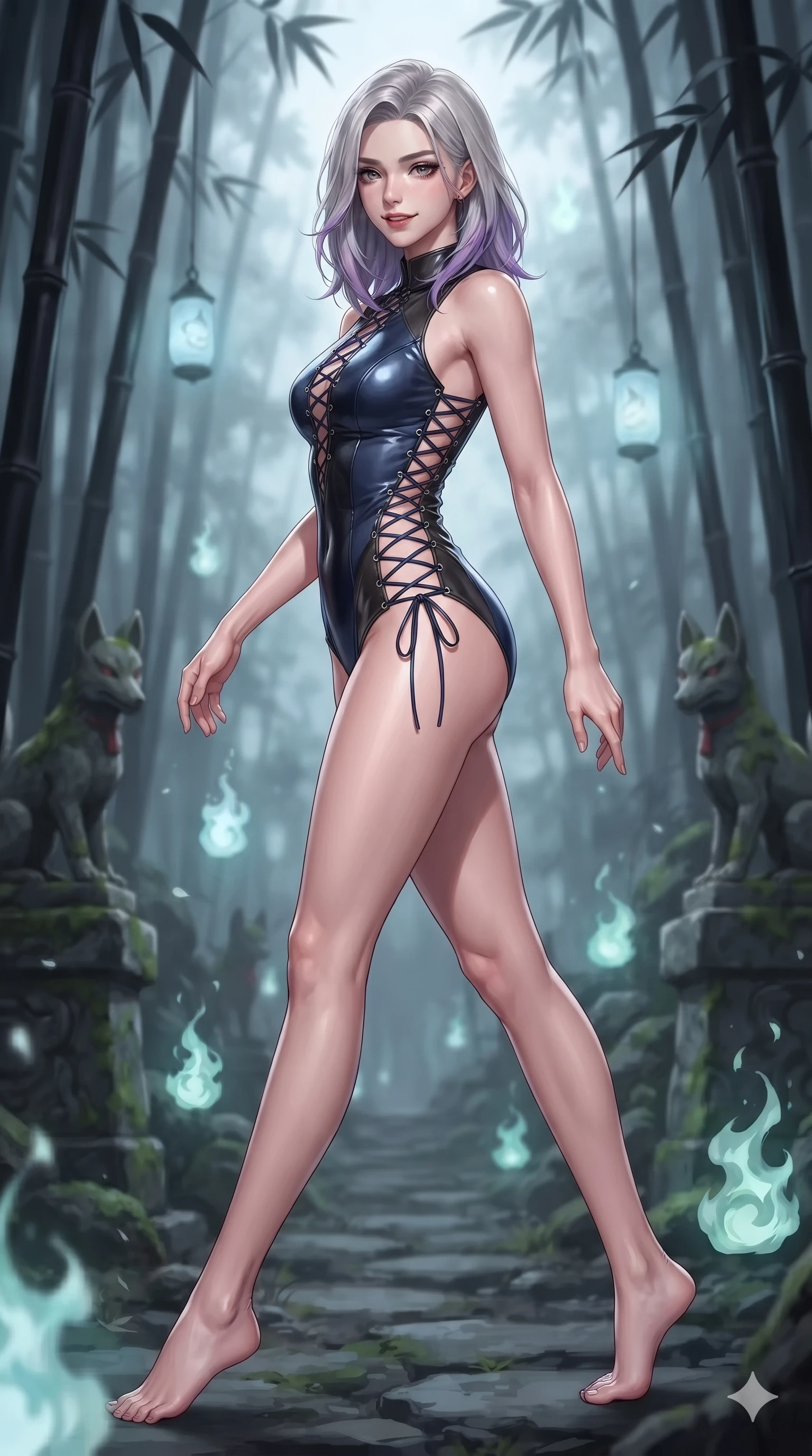 score_9, masterpiece, best quality, ultra-detailed, high-budget anime keyframe, editorial fashion photography, tasteful artistic composition, Caucasian woman. close-up cowboy shot from the waist and thighs up, the character dominates the composition, filling the frame with her large presence. tilting her head with a teasing half-smile, running one hand slowly down the side of her hip in a flirtatious S-curve while stepping forward into the spiritual clearing with feline grace, hips swaying in an alluring sensual rhythm that accentuates her curvy hourglass silhouette. The background shows a soft-focus dark mossy stone kitsune statues, floating pale blue spirit lanterns, and towering black bamboo stalks blurred into pale blue, jade, and charcoal bokeh. She has an exceptionally elegant, slender, and willowy female figure with an ultra-slim waist, flat toned midriff, narrow ribcage, and sculpted feminine hips creating an alluring, slim hourglass silhouette without bulk. sharp v-shaped jawline, high-bridge nose, intricate jewel-like dark sparkling eyes with hypnotic seductive depth, thick curled eyelashes, glossy parted lips with a natural wine sheen, alluring bedroom-eyes with an enigmatic smoldering smile, exuding magnetic sovereign charisma and dark avant-garde glamour, flawlessly proportioned anatomical accuracy, strict slender model proportions, natural body alignment, perfectly sculpted long slender limbs, ultra-slim waistline, clean dynamic posture without body distortion. wearing a low-slung cutaway leather bodysuit with bare hip flanks and criss-cross cord ties in midnight navy blue and smoky pitch black, featuring fine criss-cross satin back lacing tracing her slender spine, featuring fine criss-cross lace-up side ties revealing tantalizing glimpses of her hip curve, the form-fitting cut adhering flawlessly to her sculpted flat midriff and slender torso, emphasizing her long leg lines and perfectly proportioned willowy build. surrounded by a mysterious dark spiritual aura with sharp edge lighting and pale blue floating spirit fires. ultra-reflective glossy finish, specular highlights, metallic sheen, high-contrast stereoscopic depth, volumetric dynamic lighting, 2k, ultra detail, master piece, 9:16 ratio