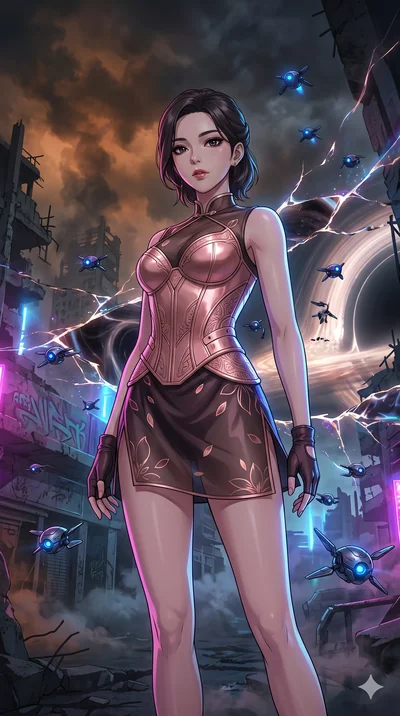 score_9, masterpiece, best quality, ultra-detailed, Set A: High-budget Anime Keyframe, Korean woman. Upper body close-up from the thighs up, character filling the screen for maximum presence. Theme: Urban Decay. shattering the fabric of reality in th