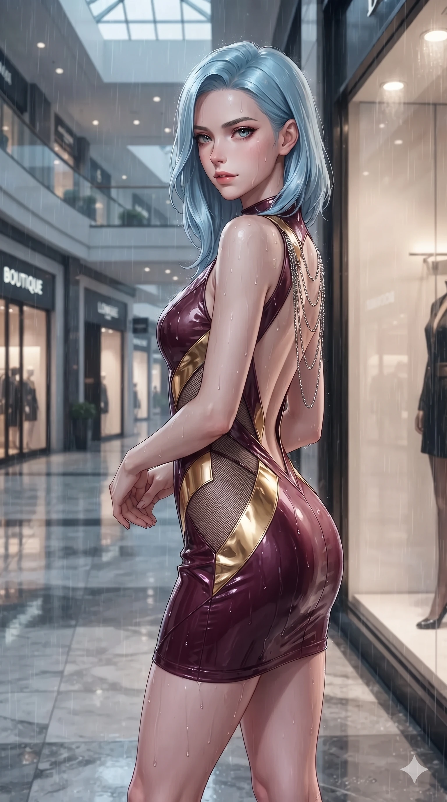 score_9, masterpiece, best quality, ultra-detailed, high-budget anime keyframe, editorial fashion photography, tasteful artistic composition, Korean woman. close-up cowboy shot from the waist and thighs up, the character dominates the composition, filling the frame with her large presence. pausing beside an illuminated luxury boutique window with hips cocked back, glancing back with an enchanting, dangerous smile through falling rain while walking slowly across the vast marble atrium with sovereign elegance, hips swaying gracefully as her heels click on stone. The surrounding environment is rendered in vivid detail and crisp panoramic clarity: detailed asymmetric metallic gown tailoring, sheer mesh side panels, and Japanese minimalist design in razor-sharp precision. She has an exceptionally elegant, slender, and willowy female figure with an ultra-slim waist, flat toned midriff, narrow ribcage, and sculpted feminine hips creating an alluring, slim hourglass silhouette without bulk. sharp v-shaped jawline, high-bridge nose, intricate jewel-like dark sparkling eyes with dangerous depth, thick curled eyelashes, glossy parted lips with a rich wine sheen, smoldering seductive half-smile with bedroom-eyes, exuding effortless superiority and intoxicating dark allure, flawlessly proportioned anatomical accuracy, strict slender model proportions, natural body alignment, perfectly sculpted long slender limbs, ultra-slim waistline, clean dynamic posture without body distortion. wearing a liquid-look wet vinyl micro-mini dress clinging like a second skin with hip-high side cutouts in deep wine burgundy and lustrous gold foil, featuring strategic sheer-illusion micro-mesh cutouts along her ribcage and hip flanks, accented with an open-back drape framed by falling strands of delicate chrome chains, the liquid-tight tailored fabric clinging flawlessly to her narrow waist and rounded feminine hips, emphasizing every millimeter of her sculpted slim hourglass curves without any bulky heaviness. illuminated by mirror-polished marble floor bounce and sharp silver-topaz rim lights defining her razor-sharp jawline, narrow waist, and curvy hips. ultra-reflective glossy finish, specular highlights, rich textural contrasts, high-contrast stereoscopic depth, volumetric dynamic lighting, 2k, ultra detail, master piece, 9:16 ratio