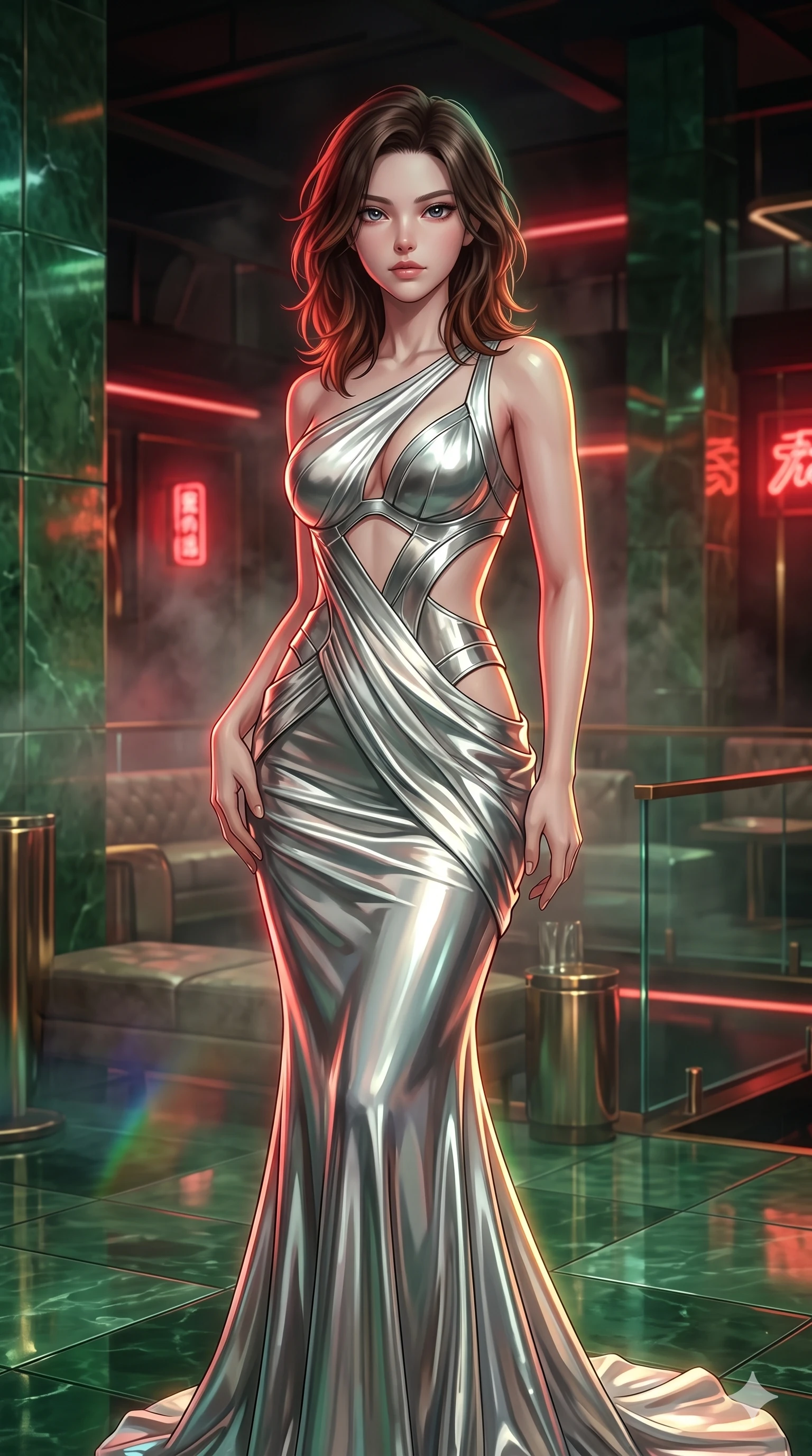 score_9, masterpiece, best quality, ultra-detailed, high-budget anime keyframe, semi-realistic 3D game render, editorial fashion photography, tasteful artistic composition, Korean woman. close-up cowboy shot from the waist and thighs up, the character dominates the composition, filling the frame with her large presence. arching her spine backward with effortless dancer poise, one hand sliding along her hip line as directional light carves specular highlights along her silhouette while twisting her slender torso in an alluring S-curve, polished green jade tiles and ambient red neon tracing her flat midriff and hourglass curves. The surrounding environment is rendered in vivid detail and crisp panoramic clarity: detailed peplum corset dress tailoring, jeweled clasp closures, and luxury VIP club interior in razor-sharp clarity. She has an exceptionally elegant, slender, and willowy female figure with an ultra-slim waist, flat toned midriff, narrow ribcage, and sculpted feminine hips creating an alluring, slim hourglass silhouette without bulk. sharp v-shaped jawline, high-bridge nose, intricate jewel-like sparkling eyes with depth, thick eyelashes, glossy parted lips with a natural sheen, intensely captivating and seductive bedroom-eyes expression, exuding both youthful cute charm and sovereign luxury allure, flawlessly proportioned anatomical accuracy, strict slender model proportions, natural body alignment, perfectly sculpted long slender limbs, ultra-slim waistline, clean dynamic posture without body distortion. wearing a sculptured liquid-satin mermaid gown with an architectural open-waist cutout and bare spine in shimmering silver mercury and pearl white, tailored from heavy double-faced silk georgette with an exceptionally fluid drape, accented with an open-back drape framed by falling strands of delicate chrome chains, the precision-cut side openings and low-back scoop framing her graceful spine and the sensual sweep of her slim, toned hips. illuminated by polished table bounce and sharp emerald-amber rim lights defining her razor-sharp jawline, narrow waist, and curvy hips. highly saturated vibrant anime colors, detailed shading with soft gradients, rich glossy textures, high-contrast stereoscopic depth, volumetric dynamic lighting, master piece, 9:16 ratio