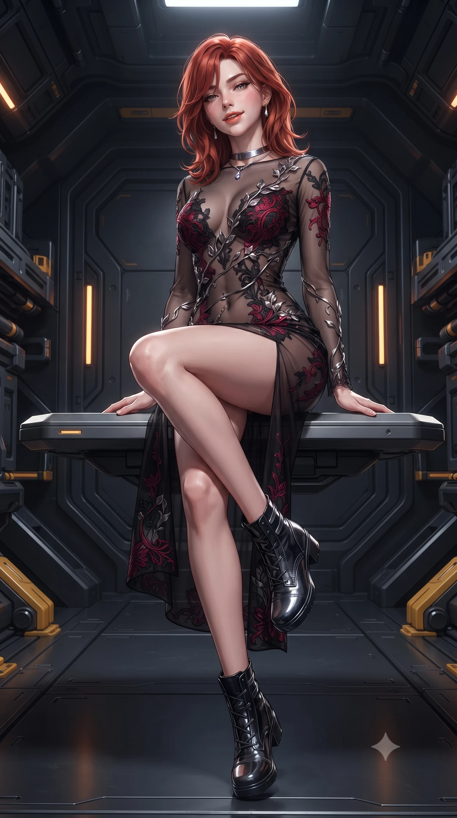 score_9, masterpiece, best quality, ultra-detailed, high-budget anime keyframe, editorial fashion photography, tasteful artistic composition, Korean woman. low angle full-body shot from head to toe showing her feet, filling the entire 9:16 vertical frame with her statuesque presence, stretching her vertical silhouette. stepping forward in a confident stride, her long slender legs and curvaceous hips creating a dynamic, sweeping vertical line while sitting gracefully on the floating magnetic inspection platform with legs crossed, flashing a teasing smile with parted glossy lips. The surrounding environment is rendered in vivid detail and crisp panoramic clarity: sharp tungsten-carbide sabot penetrator tips, yellow magnetic lock indicators, and heavy carbon-fiber rack bulkheads in deep focus. She has an exceptionally tall and slender model-like 8.5-heads proportion, an ultra-slim waist, a flat toned midriff, narrow delicate ribcage, and beautifully sculpted feminine hips creating a graceful, slim hourglass silhouette without any bulky heaviness, with impossibly long slender legs. sharp v-shaped jawline, high-bridge nose, intricate jewel-like sparkling eyes with depth, thick eyelashes, glossy parted lips with a natural peach sheen, bright cheerful beaming smile with an enchanting and coquettish sensual glint, exuding both youthful cute charm and seductive allure, flawlessly proportioned anatomical accuracy, strict slender model proportions, natural body alignment, perfectly sculpted long slender limbs, ultra-slim waistline, clean dynamic posture without body distortion. wearing a provocative sheer noir illusion mesh combat dress with embroidered climbing metallic ivy ribbons contouring her curves in Star-Fortress obsidian black and imperial crimson, made of sheer gossamer chiffon that drapes softly against skin with airy translucence, finished with a minimalist chrome choker and a single teardrop diamond pendant, the form-contouring silhouette accentuating her sculpted flat midriff, narrow delicate ribcage, and gracefully curvy hips with intoxicating allure. illuminated by dark titanium floor reflection bounce and sharp platinum-amber rim lights sculpting her jawline, narrow waist, and curvy hips. ultra-reflective glossy finish, specular highlights, rich textural contrasts, high-contrast stereoscopic depth, volumetric dynamic lighting, 2k, ultra detail, master piece, 9:16 ratio