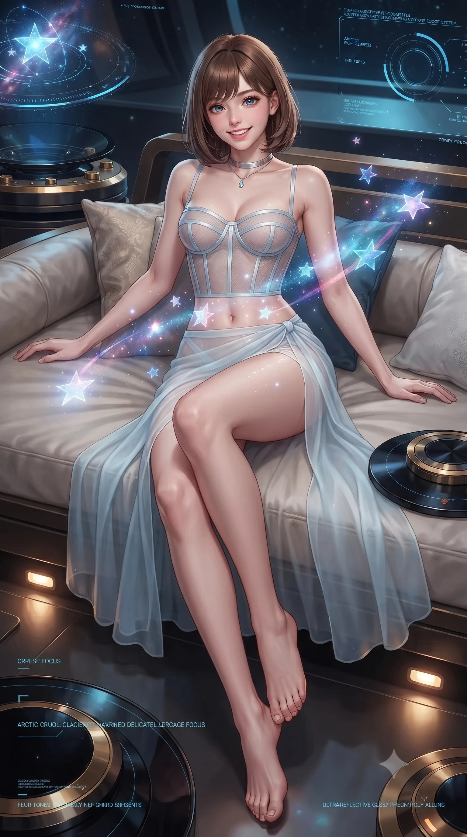 score_9, masterpiece, best quality, ultra-detailed, high-budget anime keyframe, editorial fashion photography, tasteful artistic composition, Caucasian woman. low angle full-body shot from head to toe showing her feet, filling the entire 9:16 vertical frame with her statuesque presence, stretching her vertical silhouette. lounging on the lavish daybed with legs crossed and hips angled toward the camera, displaying her toned midriff and long slender limbs with effortless siren poise while twisting her slender torso in an alluring S-curve, floating holographic stars and nebulae casting celestial light ribbons across her flat midriff and hourglass curves. The surrounding environment is rendered in vivid detail and crisp panoramic clarity: sharp circular black obsidian dais reflections, polished brass tactical dials, and crisp holographic orbital coordinate text in deep focus. She has an exceptionally tall and slender model-like 8.5-heads proportion, an ultra-slim waist, a flat toned midriff, narrow delicate ribcage, and beautifully sculpted feminine hips creating a graceful, slim hourglass silhouette without any bulky heaviness, with impossibly long slender legs. sharp v-shaped jawline, high-bridge nose, intricate jewel-like sparkling eyes with depth, thick eyelashes, glossy parted lips with a natural peach sheen, bright cheerful beaming smile with an enchanting and coquettish sensual glint, exuding both youthful cute charm and seductive allure, flawlessly proportioned anatomical accuracy, strict slender model proportions, natural body alignment, perfectly sculpted long slender limbs, ultra-slim waistline, clean dynamic posture without body distortion. wearing a provocative translucent mesh corset bodice with boned satin channels paired with a sheer chiffon wrap maxi skirt in arctic cryo-glacier ice blue and platinum white, crafted from bespoke double-faced cashmere with an exceptionally soft tactile finish, finished with a minimalist chrome choker and a single teardrop diamond pendant, the form-contouring silhouette accentuating her sculpted flat midriff, narrow delicate ribcage, and gracefully curvy hips with intoxicating allure. bathed in the multi-colored celestial glow of the rotating holographic star system contrasted with subtle floor-level warm lights. ultra-reflective glossy finish, specular highlights, rich textural contrasts, high-contrast stereoscopic depth, volumetric dynamic lighting, 2k, ultra detail, master piece, 9:16 ratio