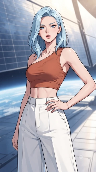 score_9, masterpiece, best quality, ultra-detailed, high-budget anime keyframe, gorgeous anime illustration, with clean line-art and distinct ink outlines, Korean woman. close-up cowboy shot from the waist and thighs up, the character dominates the c