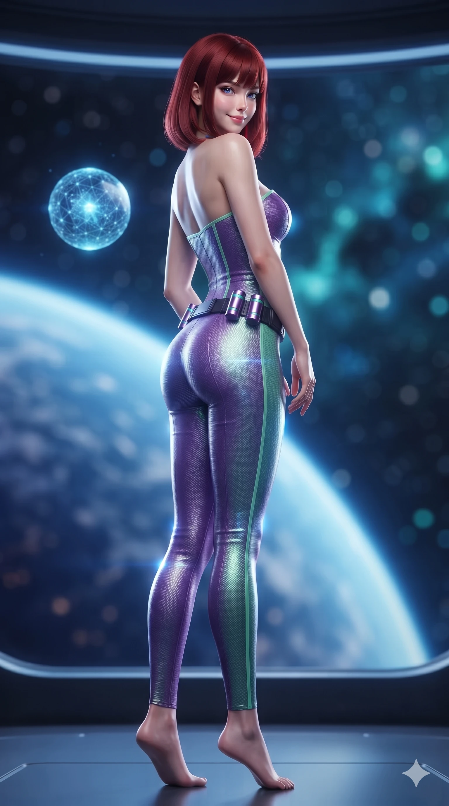 score_9, masterpiece, best quality, ultra-detailed, high-budget anime keyframe, editorial fashion photography, tasteful artistic composition, Caucasian woman. low angle full-body shot from head to toe showing her feet, filling the entire 9:16 vertical frame with her statuesque presence, stretching her vertical silhouette. posing in a classic haute-couture S-curve stance beside the panoramic viewport, looking over a bare shoulder with magnetic presence while twisting her slender torso in an alluring S-curve, brilliant blue earthlight and platinum ring reflections painting glowing highlights across her flat midriff and hourglass curves. The background shows a soft-focus curved blue planetary limb with glowing atmospheric rim, floating holographic star-globe sphere, and distant starfields blurred into sapphire, turquoise, and diamond bokeh. She has an absolutely perfect, statuesque 8.5-heads proportion, an exceptionally tall and slender model-like female figure with impossibly long slender legs, an ultra-slim waist, a flat toned midriff, narrow delicate ribcage, and beautifully sculpted feminine hips creating a graceful, slim hourglass silhouette without any bulky heaviness. sharp v-shaped jawline, high-bridge nose, intricate jewel-like sparkling eyes with depth, thick eyelashes, glossy parted lips with a natural sheen, bright confident smile with an enchanting and coquettish sensual glint, exuding both youthful magnetic charm and sovereign high-tech allure, flawlessly proportioned anatomical accuracy, strict slender model proportions, natural body alignment, perfectly sculpted long slender limbs, ultra-slim waistline, clean dynamic posture without body distortion. wearing a dense tactical compression bodysuit with sweetheart neckline contouring her delicate ribcage and feminine hips in phosphorescent ultraviolet amethyst and mint green, woven from high-density tech-wool with subtle metallic thread weave, accented with a sleek utility belt with polished magnetic canisters resting loosely on her curvy hips, the liquid-tight tailored fabric clinging flawlessly to her narrow waist and rounded feminine hips, emphasizing every millimeter of her sculpted slim hourglass curves without any bulky heaviness. illuminated by deck bounce and sharp sapphire-platinum rim lights defining her razor-sharp jawline, narrow waist, and curvy hips. ultra-reflective glossy finish, specular highlights, rich textural contrasts, high-contrast stereoscopic depth, volumetric dynamic lighting, 2k, ultra detail, master piece, 9:16 ratio