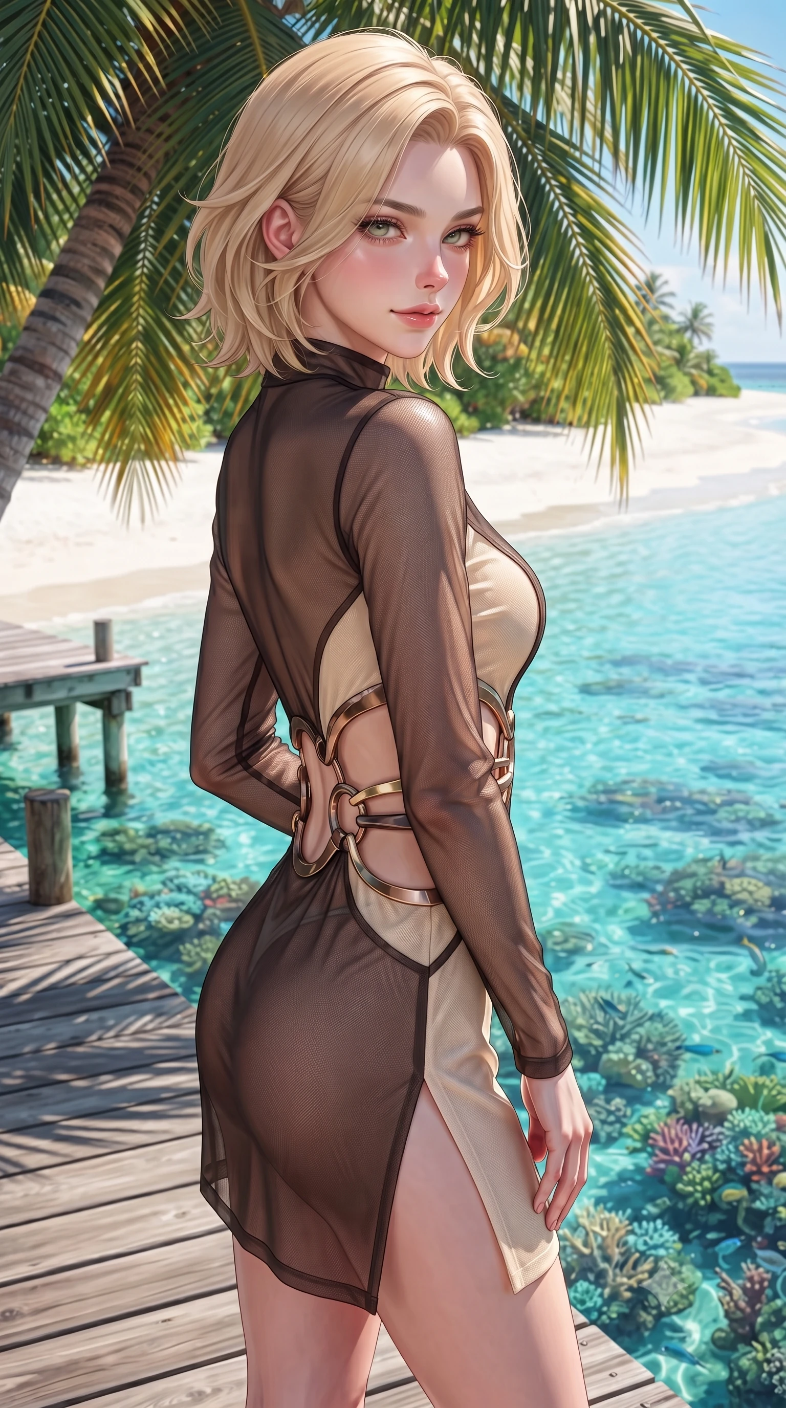 score_9, masterpiece, best quality, ultra-detailed, high-budget anime keyframe, editorial fashion photography, tasteful artistic composition, Caucasian woman. close-up cowboy shot from the waist and thighs up, the character dominates the composition, filling the frame with her large presence, background elements kept in soft focus. Glancing sidelong over her shoulder with a smoldering half-smile and heavy lashes poised on a palm-shaded wooden pier leading into crystal-clear tropical water, crystal-clear water revealing vibrant coral reefs beneath the surface. She has an exceptionally elegant, slender, and willowy female figure with an ultra-slim waist, a gracefully sculpted slender torso, and a refined silhouette. sharp v-shaped jawline, high-bridge nose, intricate jewel-like eyes with depth, thick eyelashes, glossy lips with a natural sheen. wearing a dramatic open-waist cutout mini dress framed by sculptural hardware in espresso brown and warm cream, woven from fine semi-opaque sheer organza, finished with a sleek side slit ascending to mid-thigh, the elegant draped fit framing her graceful clavicle and slender torso. surrounded by a bright, pristine beach ambiance with sharp specular highlights. highly saturated vibrant anime colors, detailed shading with soft gradients, rich glossy textures, high-contrast stereoscopic depth, volumetric dynamic lighting, master piece, 9:16 ratio