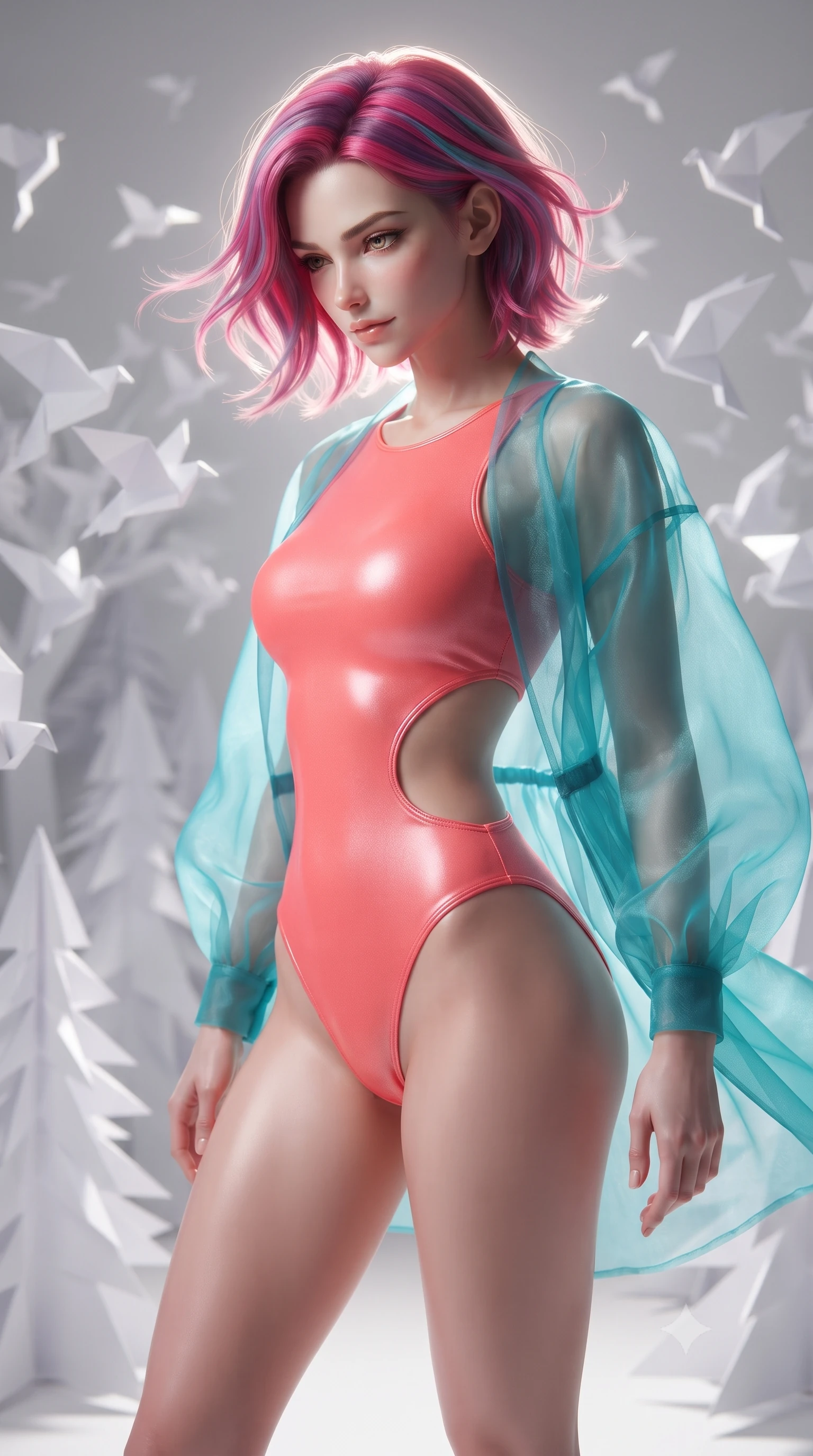 score_9, masterpiece, best quality, ultra-detailed, high-budget anime keyframe, editorial fashion photography, tasteful artistic composition, realistic cosplay photography, Caucasian woman, strictly human ears. close-up cowboy shot from the waist and thighs up, the character dominates the composition, filling the frame with her large presence, background elements kept in soft focus. Looking down at the opponent with quiet, menacing intensity and a cold half-smile. set against a soft-focus background of a forest made of white folded paper trees, where paper birds are taking flight from branches in a geometric flurry. She has an exceptionally elegant and slender, willowy female figure with an ultra-slim waist, a gracefully sculpted slender torso, and a refined slim physique. sharp v-shaped jawline, high-bridge nose, intricate jewel-like eyes with depth, thick eyelashes, glossy lips with a natural sheen. wearing the lightweight fabric rippling and billowing dramatically with her movement, a form-contouring vibrant coral pink bodysuit with a dramatic open-waist cutout, layered with a sheer turquoise organza wrap shrug. dramatic backlight creating a radiant halo effect around her entire silhouette. ultra-reflective glossy finish, specular highlights, metallic sheen, high-contrast stereoscopic depth, volumetric dynamic lighting, 2k, ultra detail, master piece, 9:16 ratio