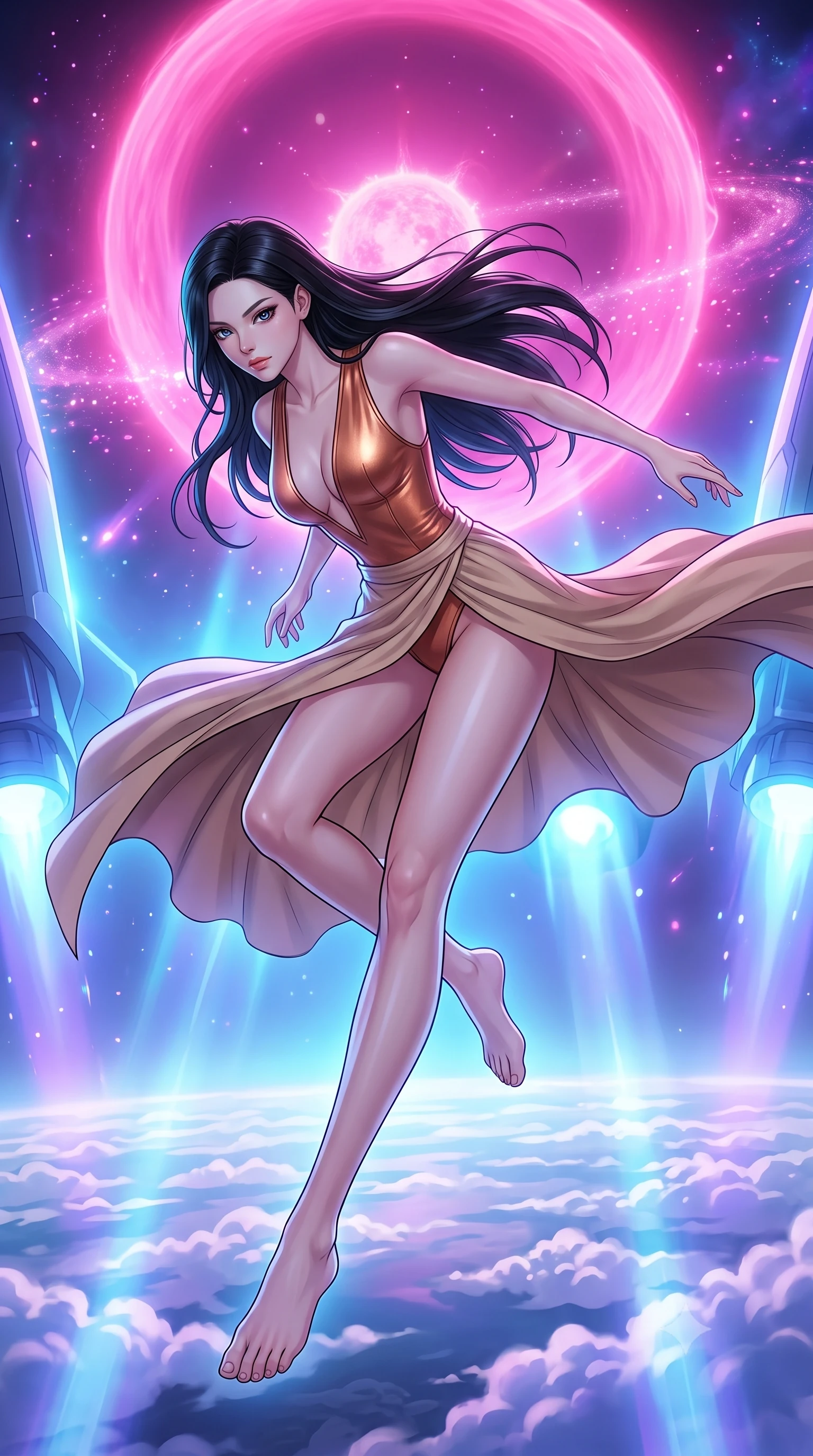 score_9, masterpiece, best quality, ultra-detailed, high-budget anime keyframe, editorial fashion photography, tasteful artistic composition, Korean woman. low angle full-body shot from head to toe showing her feet, filling the entire 9:16 vertical frame with her statuesque presence, stretching her vertical silhouette. leaping off a launching drop-ship, diving headfirst toward the cloud tops of an alien world through floating inside a pink helium ring surrounding a dying star, gas particles glowing like neon dust. She has a statuesque 8.5-heads proportion, an exceptionally tall, slender and willowy model-like build with impossibly long legs and a highly sculpted ultra-slim waist. sharp v-shaped jawline, high-bridge nose, intricate jewel-like eyes with depth, thick eyelashes, glossy lips with a natural sheen. wearing the lightweight fabric rippling and billowing dramatically with her movement, a slim-fit metallic copper bodysuit with a deep V-cut front, paired with a flowing beige asymmetrical wrap skirt. highly saturated vibrant anime colors, intense vivid color palette, soft 3D volumetric shading, volumetric dynamic lighting, cool ethereal blue-violet bioluminescent glow wrapping around her from all sides. 2k, ultra detail, master piece, 9:16 ratio