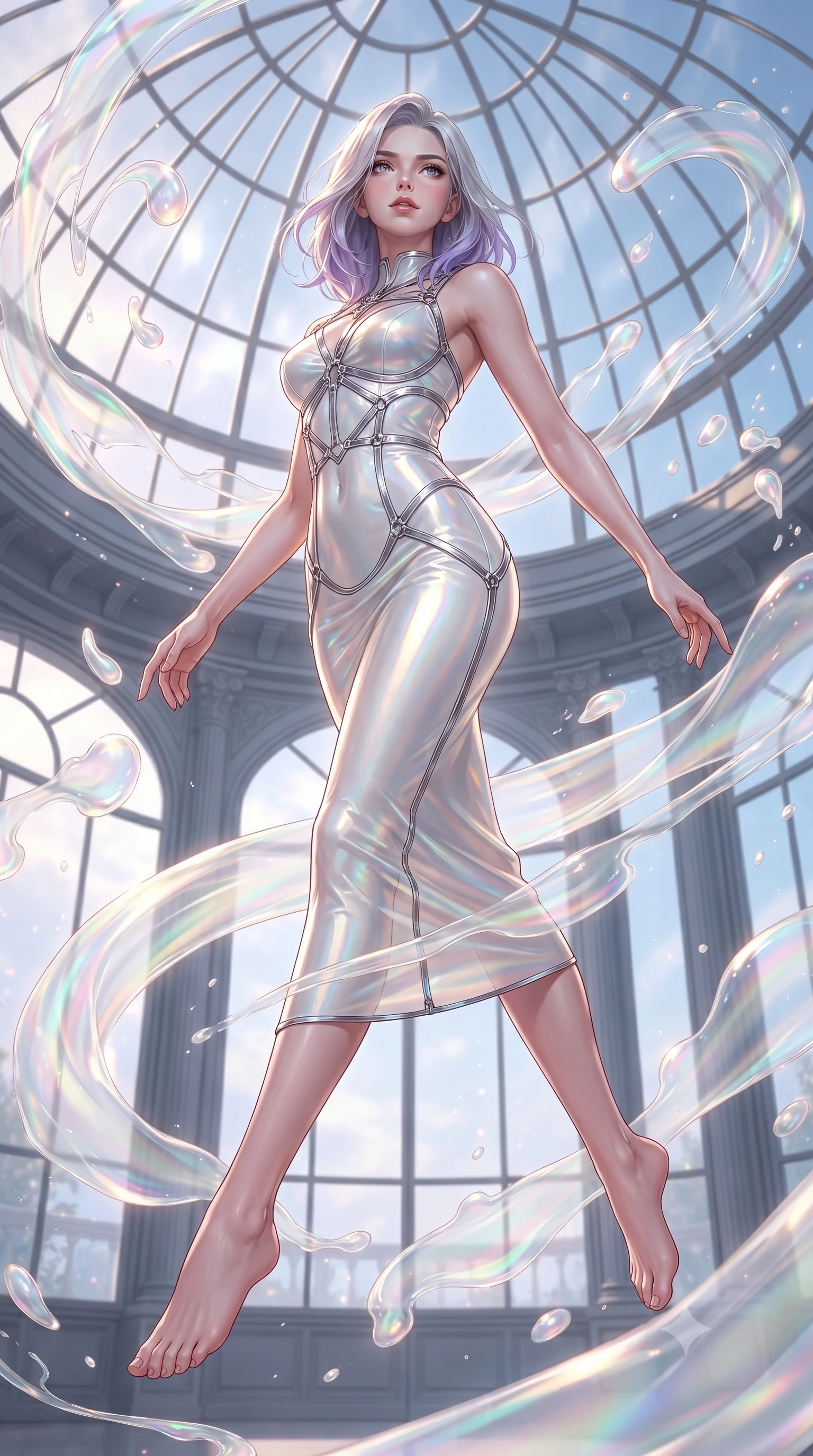 score_9, masterpiece, best quality, ultra-detailed, high-budget anime keyframe, editorial fashion photography, tasteful artistic composition, Caucasian woman. low angle full-body shot from head to toe showing her feet, filling the entire 9:16 vertical frame with her statuesque presence, stretching her vertical silhouette. leaping dynamically through the luminous sky, her posture full of power and elegance, standing inside a glass-domed art atelier filled with floating liquid opal paint swirls, translucent liquid acrylic trails creating dynamic motion paths. She has an absolutely perfect, statuesque 8.5-heads proportion, an exceptionally tall and slender model-like female figure with impossibly long slender legs and an ultra-slim waist. sharp v-shaped jawline, high-bridge nose, intricate jewel-like eyes with depth, thick eyelashes, glossy lips with a natural sheen. wearing second-skin iridescent hologram organza bodycon maxi dress in glowing ivory, made of liquid mercury jersey, highlighted by a platinum metallic harness structure, following her slender form with tailored precision. bathed in high-contrast vibrant studio lighting with sharp specular highlights. ultra-reflective glossy finish, specular highlights, metallic sheen, high-contrast stereoscopic depth, volumetric dynamic lighting, 2k, ultra detail, master piece, 9:16 ratio