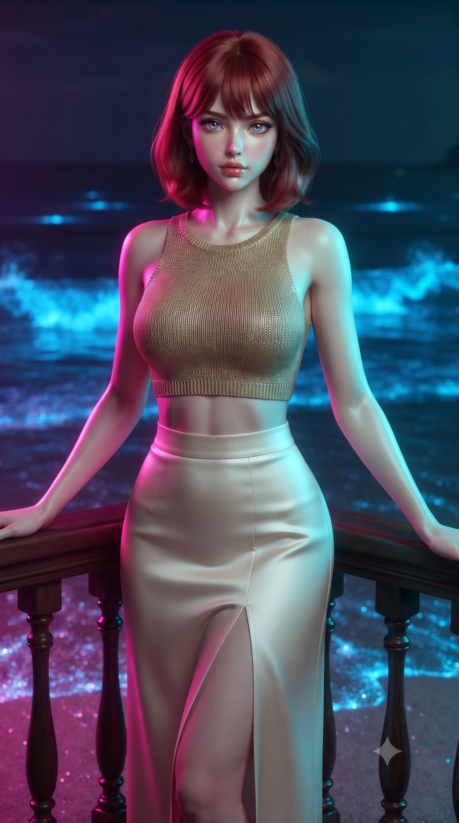 score_9, masterpiece, best quality, ultra-detailed, high-budget anime keyframe, editorial fashion photography, tasteful artistic composition, Caucasian woman, strictly human ears. close-up cowboy shot from the waist and thighs up, the character dominates the composition, filling the frame with her large presence, background elements kept in soft focus. Resting one arm elegantly against a surface with a poised relaxed stance. set against a soft-focus background of a tropical beach at midnight where every breaking wave crest glows with intense electric blue bioluminescence the wet sand sparkling with disturbed dinoflagellates and the dark ocean pulsing with underwater light. She has an exceptionally elegant and slender, willowy female figure with an ultra-slim waist, a gracefully sculpted slender torso, and a refined slim physique. sharp v-shaped jawline, high-bridge nose, intricate jewel-like eyes with depth, thick eyelashes, glossy lips with a natural sheen. wearing a crop top in a gold metallic knit paired with a high-waisted cream silk skirt featuring a front slit. dual-tone lighting with hot magenta from the left and cool cyan from the right. 2k, ultra detail, master piece, 9:16 ratio