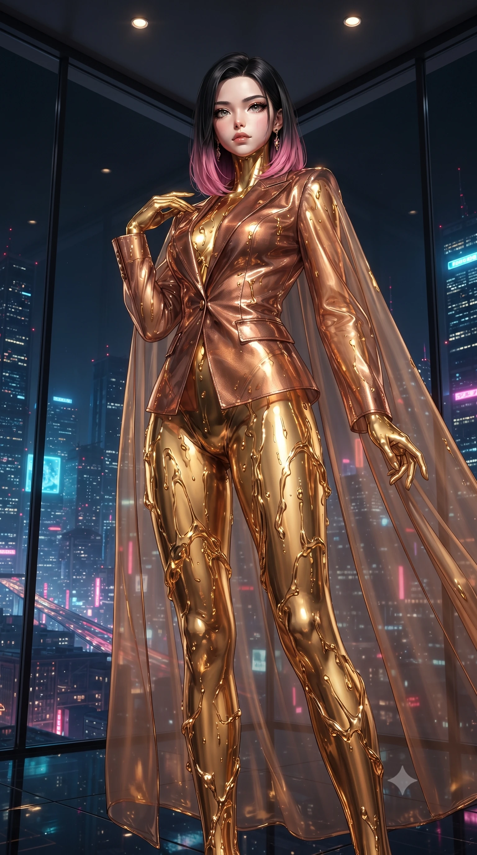 score_9, masterpiece, best quality, ultra-detailed, High-budget Anime Keyframe, editorial fashion photography, tasteful artistic composition, realistic cosplay photography, East Asian woman. Low angle cowboy shot filling the entire 9:16 frame with her statuesque presence. Scenario 494: standing under a waterfall of liquid gold, the fluid coating her form, in a luxury penthouse with floor-to-ceiling glass walls overlooking a neon grid. Her presence is magnetic and overpowering in this high-budget cinematic scene. Outfit 494: a body-hugging metallic copper sheer organza jacket draped with a semi-transparent chiffon cape. The clothing is designed to emphasize her exceptionally tall and slender 8-heads proportion. 8-heads proportion, towering silhouette, ultra-slim waist. sharp v-shaped jawline, intricate jewel-like eyes with depth, thick eyelashes, glossy lips. ultra-reflective glossy finish, specular highlights, metallic sheen, high-contrast stereoscopic depth, volumetric dynamic lighting, 2k, ultra detail, master piece, 9:16 ratio