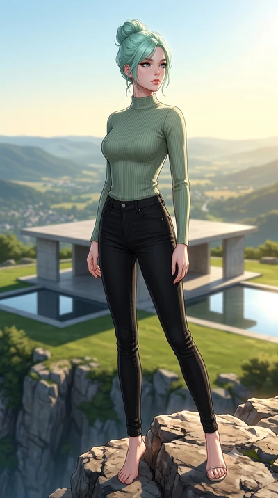 score_9, masterpiece, best quality, ultra-detailed, high-budget anime keyframe, editorial fashion photography, tasteful artistic composition, Japanese woman woman. low angle full-body shot from head to toe showing her feet, filling the entire 9:16 ve