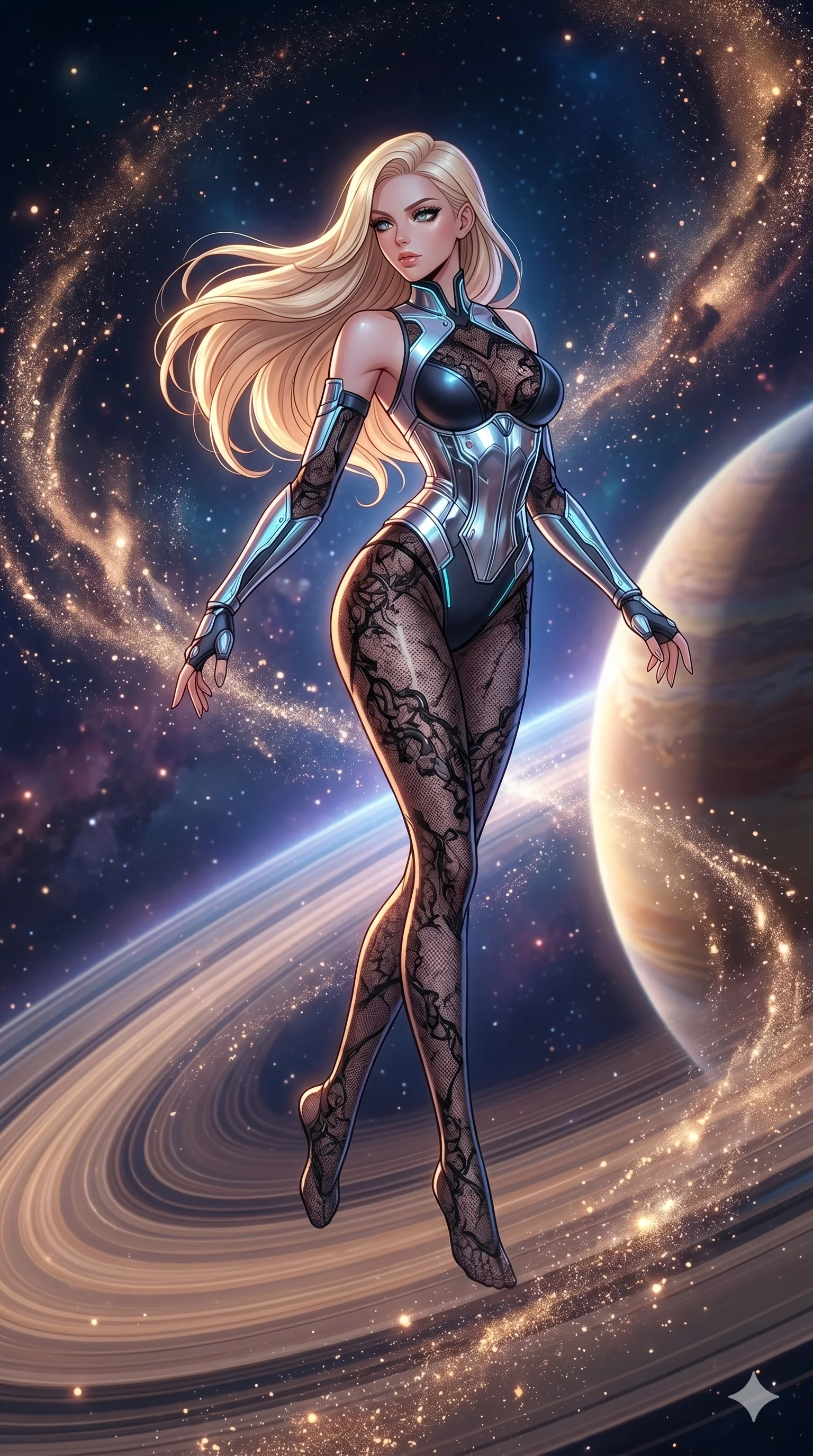 score_9, masterpiece, best quality, ultra-detailed, high-budget anime movie keyframe, cinematic anime lighting, intricate line art, Caucasian (strictly human ears) anime girl. Mid-air action shot capturing a graceful twist and vertical silhouette. dancing on the rings of a gas giant while stardust swirls. She has an absolutely perfect 8-heads proportion, an exceptionally tall and slender female figure with an ultra-slim waist and impossibly long slender legs. strictly human anatomy, two legs only, no extra limbs, clearly defined legs and arms, perfect anatomy, perfect hands and fingers. sharp v-shaped jawline, high-bridge nose, intricate jewel-like eyes, thick eyelashes, glossy lips. Wearing Cyber-Tech Legacy: Asymmetrical high-cut tech-bodysuit with detached sleeves and chrome-plated corset over sheer lace. The scene is illuminated by dramatic atmospheric lighting and vibrant color palettes. , 2k, ultra detail, master piece, 9:16 ratio