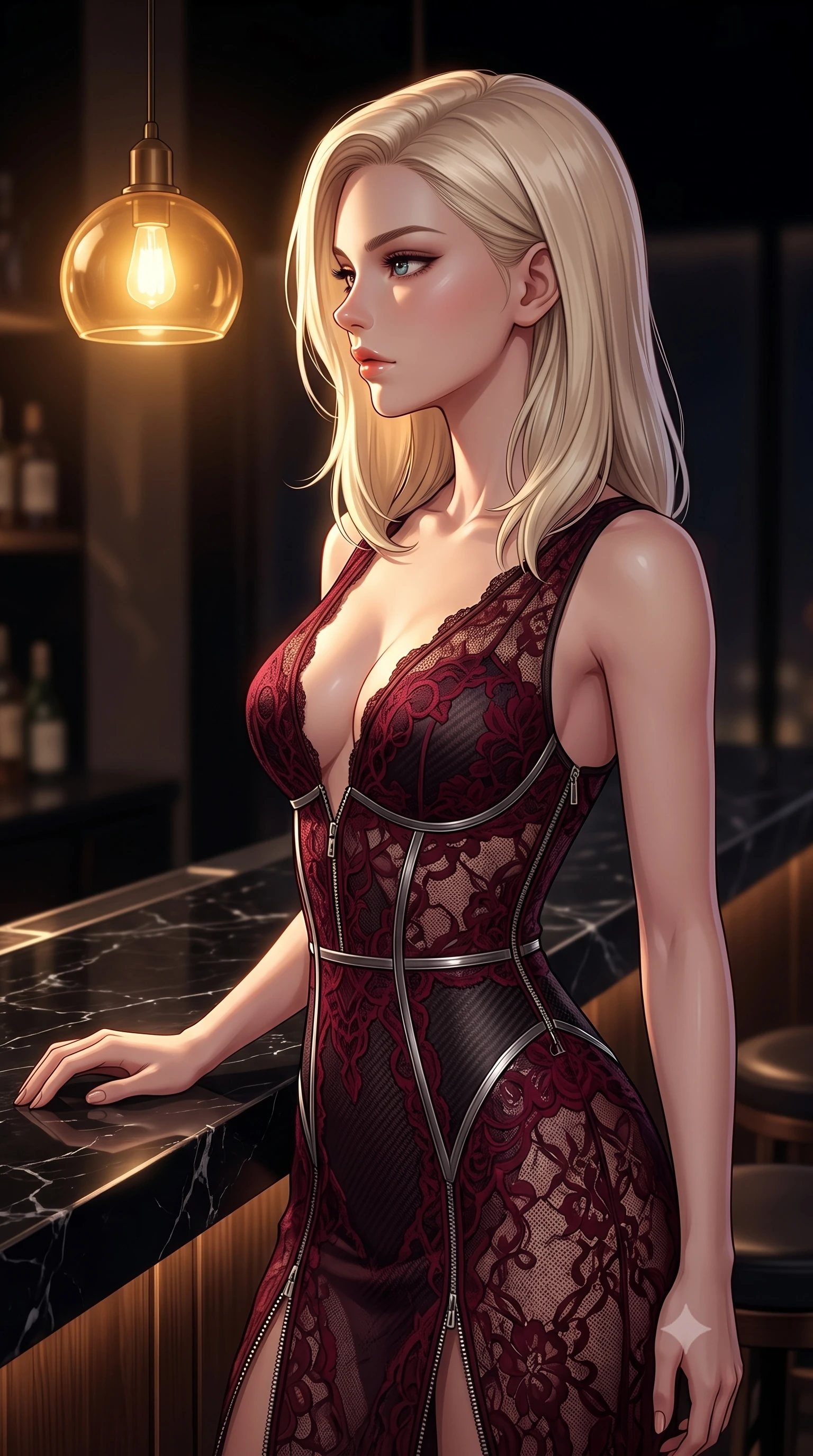 score_9, masterpiece, best quality, ultra-detailed, high-budget anime keyframe, editorial fashion photography, tasteful artistic composition, Caucasian woman. close-up cowboy shot from the waist and thighs up, the character dominates the composition, filling the frame with her large presence, background elements kept in soft focus. Turning her face in sharp dramatic profile against the key light, standing beside a polished black marble bar counter under a low amber pendant light, sensual nocturnal ambiance with high-fashion luxury details. She has an exceptionally elegant, slender, and willowy female figure with an ultra-slim waist, a gracefully sculpted slender torso, and a refined silhouette. sharp v-shaped jawline, high-bridge nose, intricate jewel-like eyes with depth, thick eyelashes, glossy lips with a natural sheen. wearing gothic nebula sheer dark lace gown with plunging neckline in deep crimson burgundy, made of matte carbon-fiber weave, finished with metallic silver boning and sleek zipper points, sculpting her athletic slender build with refined precision. lit by low-key golden rays highlighting her refined silhouette. highly saturated vibrant anime colors, detailed shading with soft gradients, rich glossy textures, high-contrast stereoscopic depth, volumetric dynamic lighting, master piece, 9:16 ratio