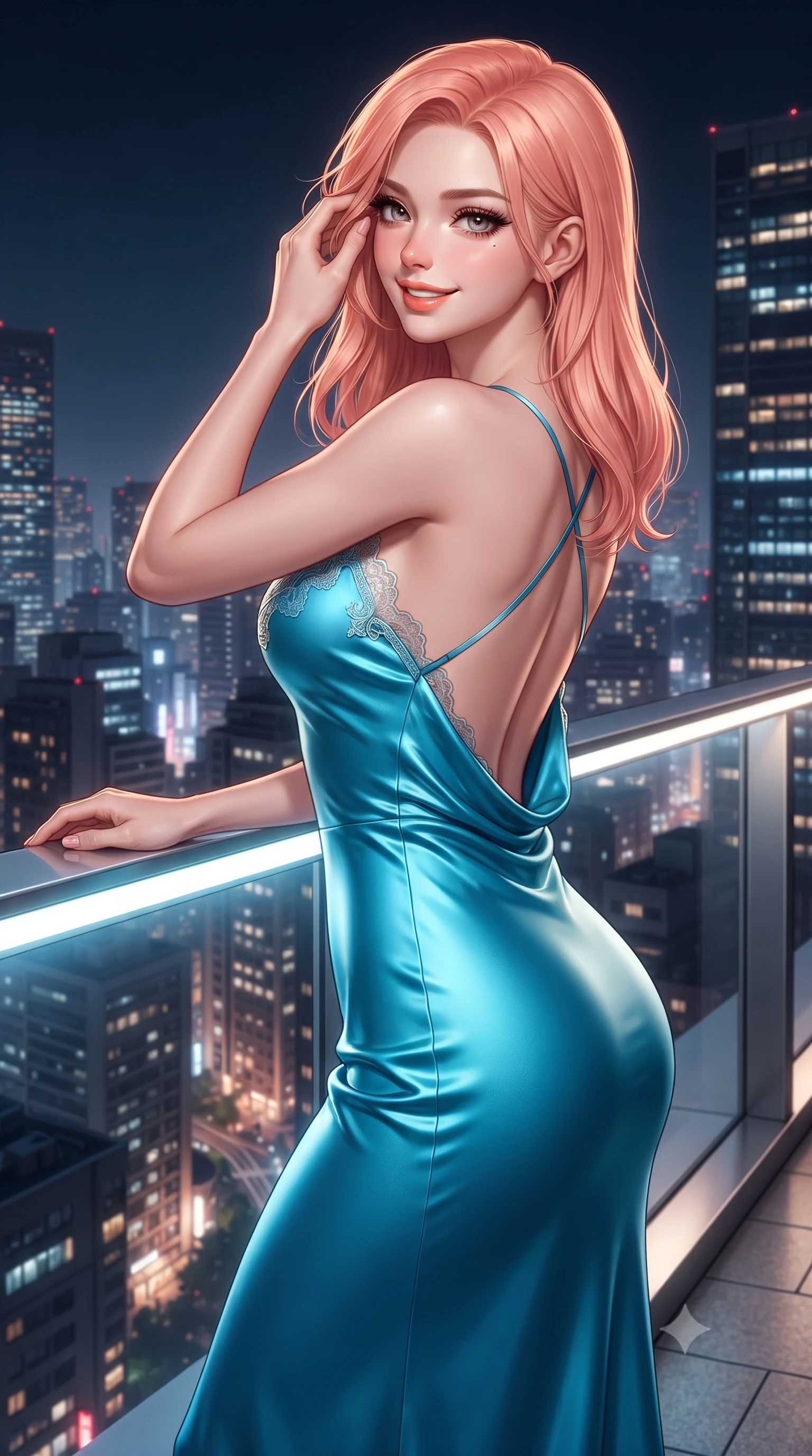 score_9, masterpiece, best quality, ultra-detailed, high-budget anime keyframe, editorial fashion photography, tasteful artistic composition, Japanese woman. close-up cowboy shot from the waist and thighs up, the character dominates the composition, filling the frame with her large presence. gently brushing a lock of hair behind her ear while casting a playful, flirtatious side-gaze with long eyelashes while resting one hand on the sleek bridge railing while turning in an alluring contrapposto stance, her smoldering bedroom-eyes holding the camera. The surrounding environment is rendered in vivid detail and crisp panoramic clarity: detailed plunging cowl-neck liquid satin gown drape, crystal shoulder cords, and skyscraper engineering in high resolution. She has an exceptionally elegant, slender, and willowy female figure with an ultra-slim waist, flat toned midriff, narrow ribcage, and sculpted feminine hips creating an alluring, slim hourglass silhouette without bulk. sharp v-shaped jawline, high-bridge nose, intricate jewel-like sparkling eyes with depth, thick eyelashes, glossy parted lips with a natural peach sheen, bright cheerful beaming smile with an enchanting and coquettish sensual glint, exuding both youthful cute charm and seductive allure, flawlessly proportioned anatomical accuracy, strict slender model proportions, natural body alignment, perfectly sculpted long slender limbs, ultra-slim waistline, clean dynamic posture without body distortion. wearing a backless silk crepe slip dress with a swooping low cowl back reaching her waistline and delicate criss-cross straps in Shibuya electric cyan and chrome silver, tailored from crisp duchess satin with architectural structure and high-gloss luster, finished with scalloped eyelash lace trim framing her sweetheart neckline with intimate elegance, the liquid-tight tailored fabric clinging flawlessly to her narrow waist and rounded feminine hips, emphasizing every millimeter of her sculpted slim hourglass curves without any bulky heaviness. illuminated by ground uplights and sharp multi-colored rim lights sharply sculpting her slender torso, narrow waist, and curvy hips. ultra-reflective glossy finish, specular highlights, rich textural contrasts, high-contrast stereoscopic depth, volumetric dynamic lighting, 2k, ultra detail, master piece, 9:16 ratio